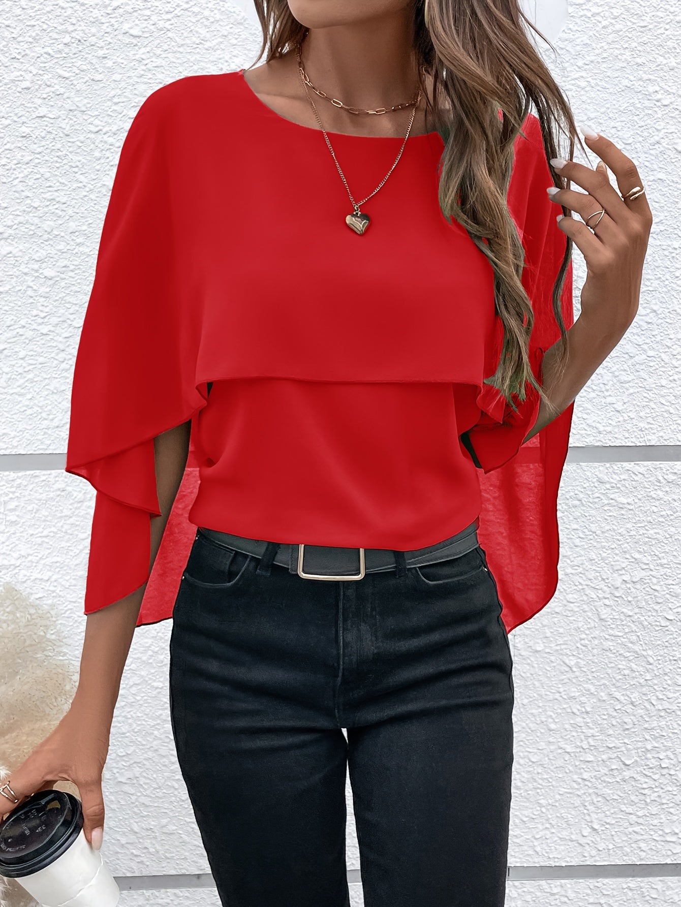 Solid Layered Cloak Sleeve Blouse, Versatile Crew Neck Blouse For Spring & Fall, Women's Clothing