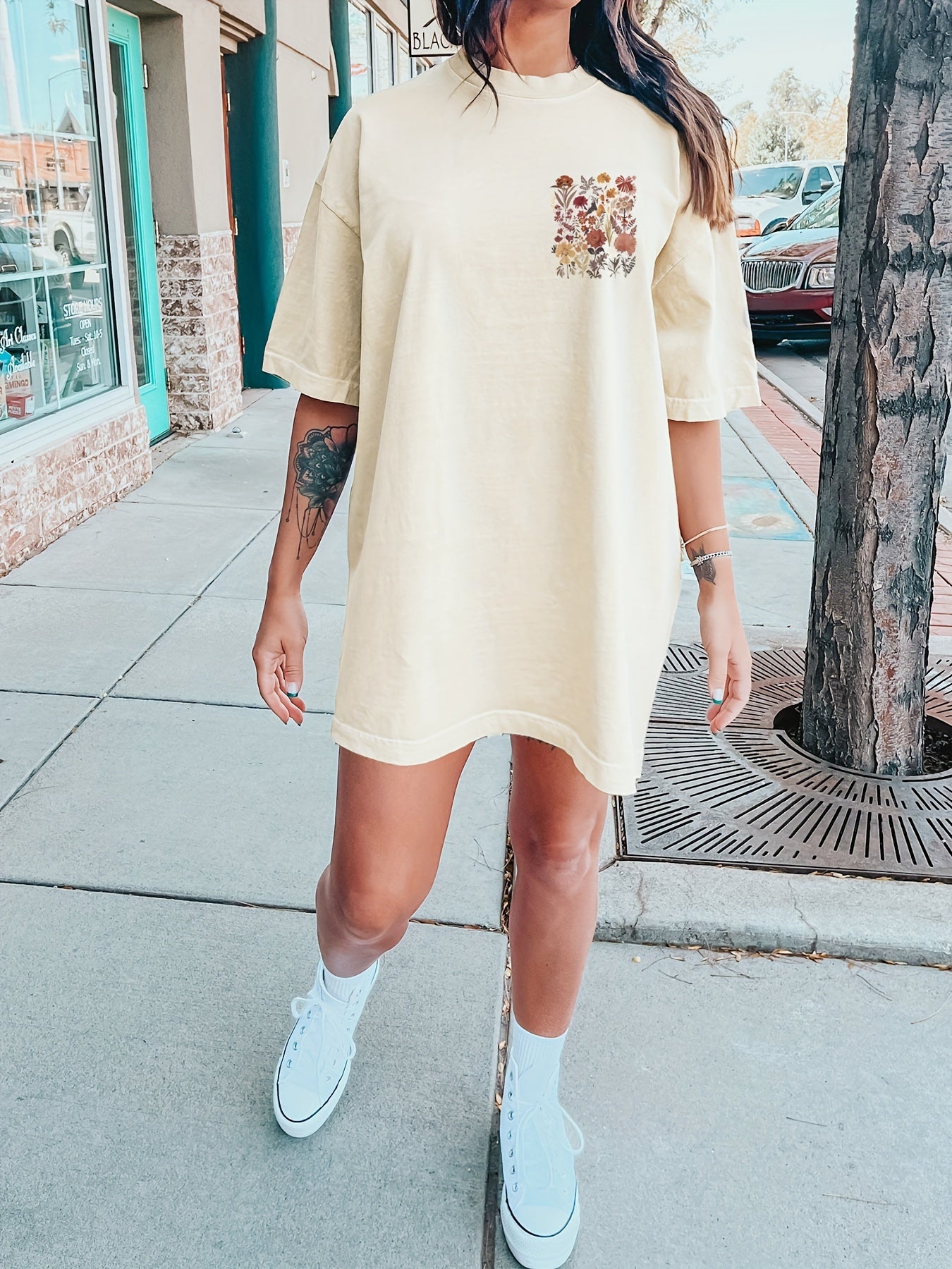 Floral Print Crew Neck Tee Dress, Casual Short Sleeve Dress For Spring & Summer, Women's Clothing