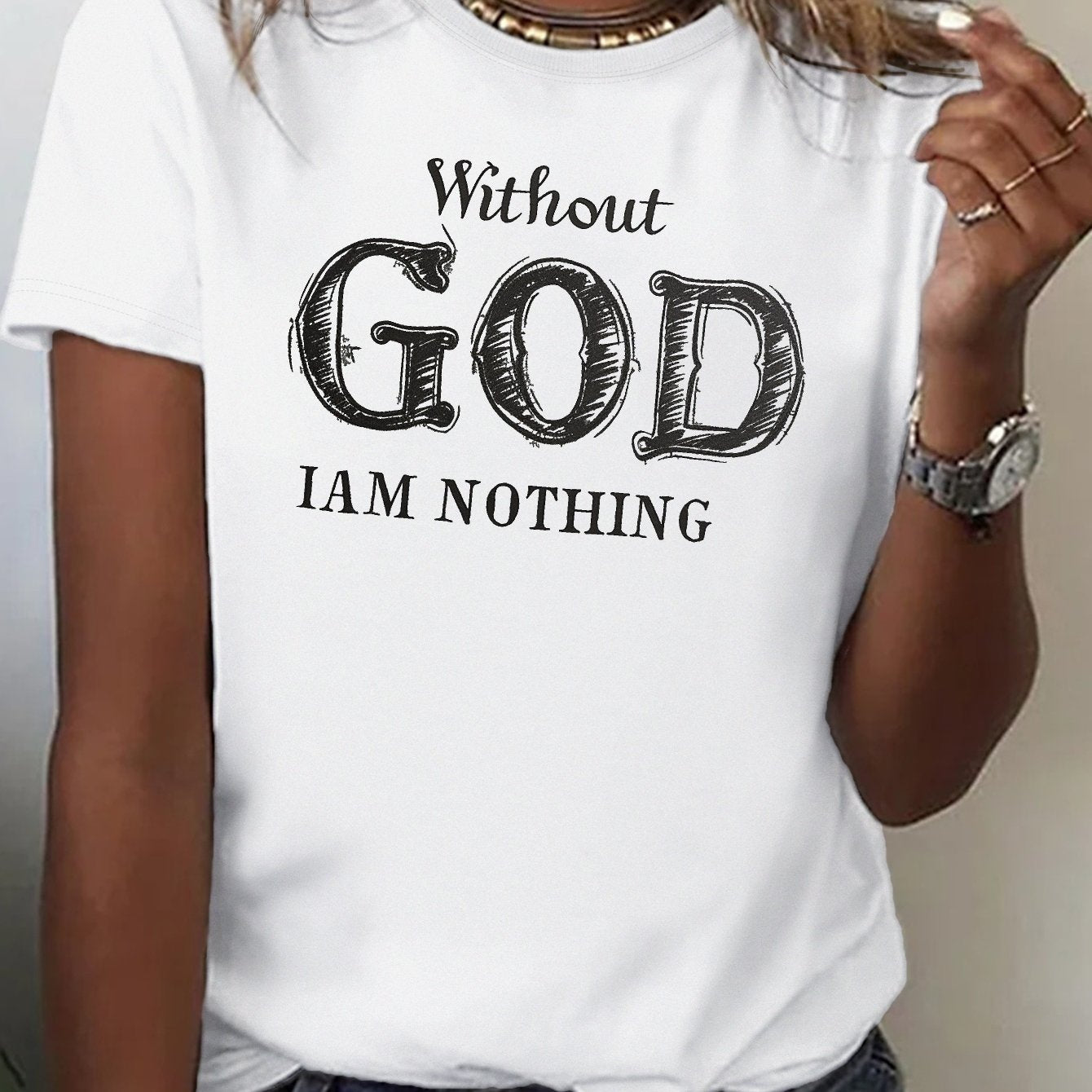 Chic Typographic Womens Tee - Comfy Cotton Crew Neck, Versatile Casual Spring & Summer Top