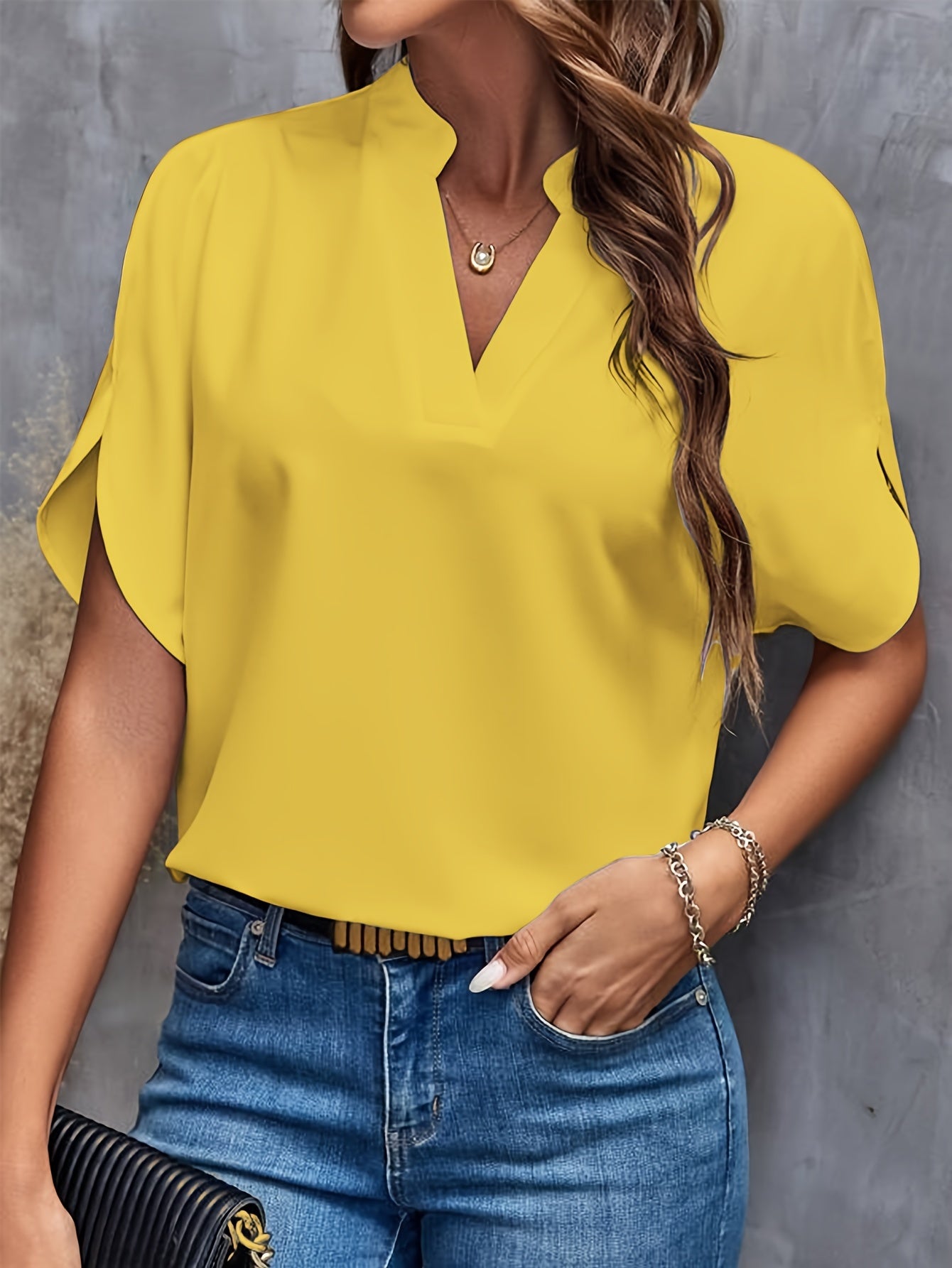 Solid Color Notch Neck Blouse, Casual Short Split Sleeve Blouse For Spring & Summer, Women's Clothing