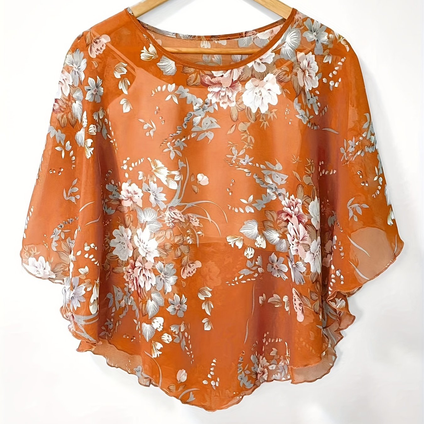 Floral Print Semi-sheer Blouse, Elegant Batwing Sleeve Irregular Hem Top For Spring & Summer, Women's Clothing