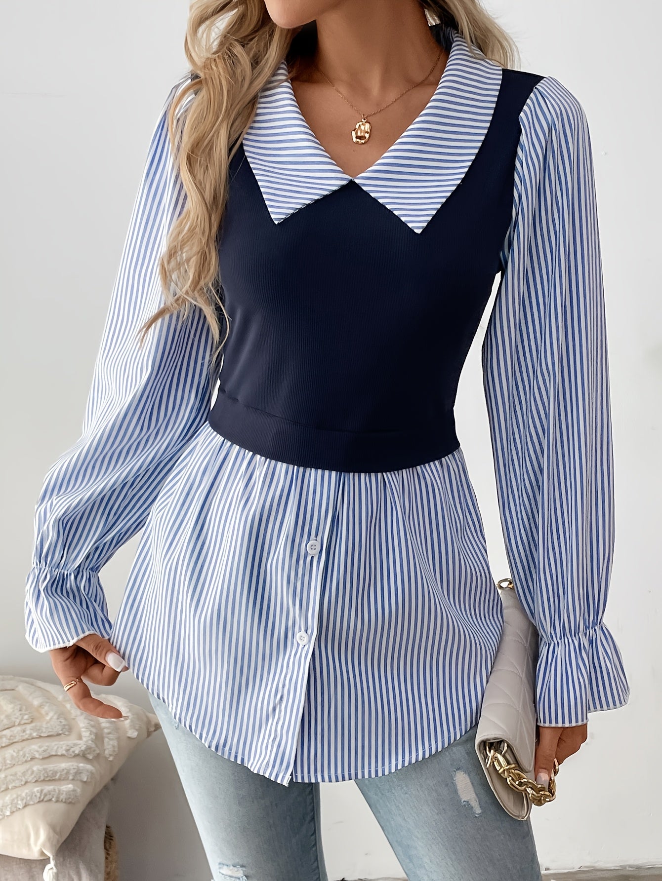 Striped Print Color Block Blouse, Elegant Long Sleeve Button Front Blouse For Spring & Fall, Women's Clothing