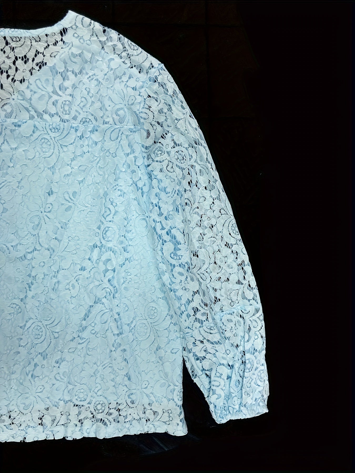 Plus Size Boho Blouse, Women's Plus Solid Lace Lantern Sleeve Tassel Trim V Neck Tunic Shirt Top