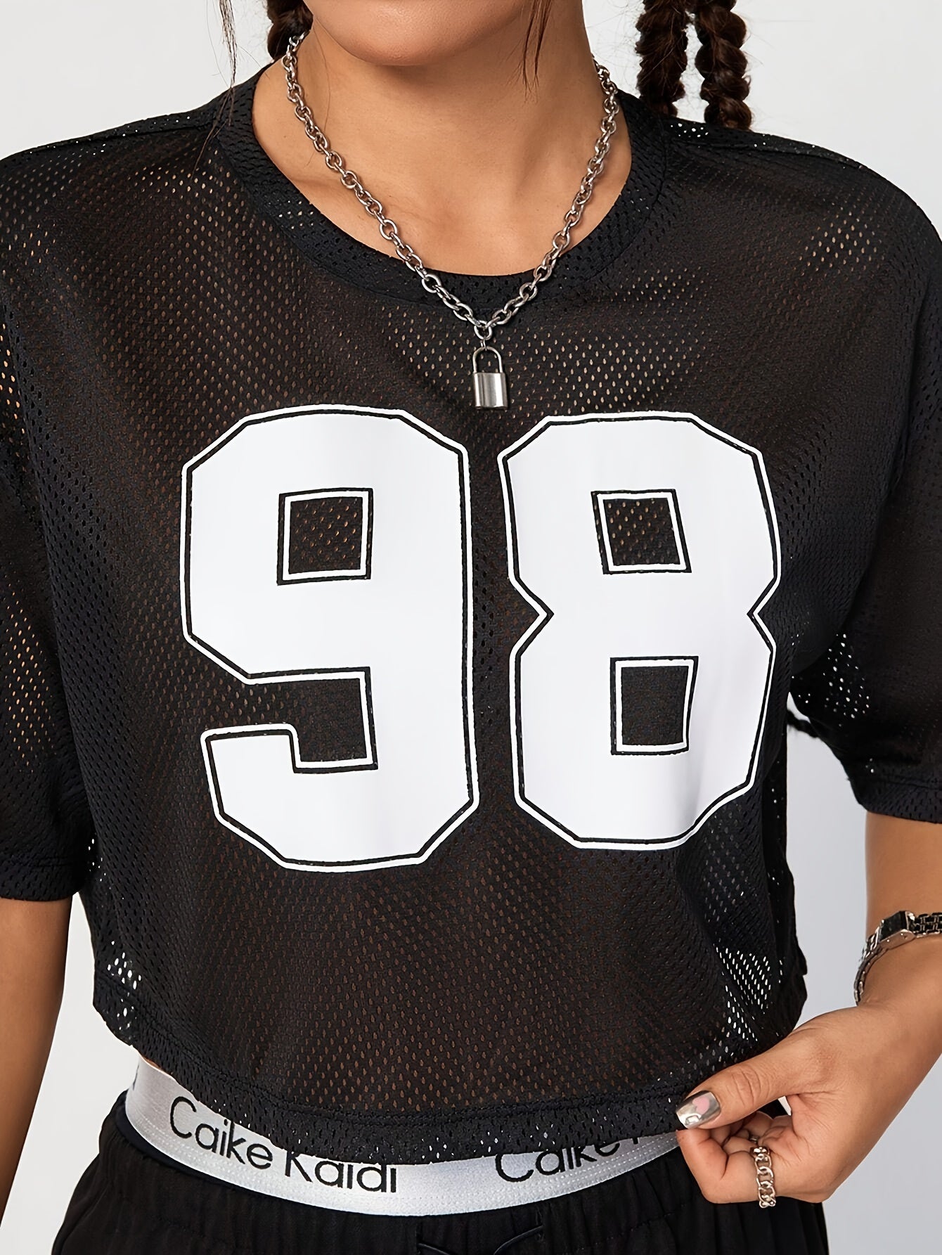 Women's Mesh Sports T-Shirt With Number 98 Print, Spring/Summer, Loose Crop Top, Y2K Vintage American Style, Casual Short Sleeve Tee
