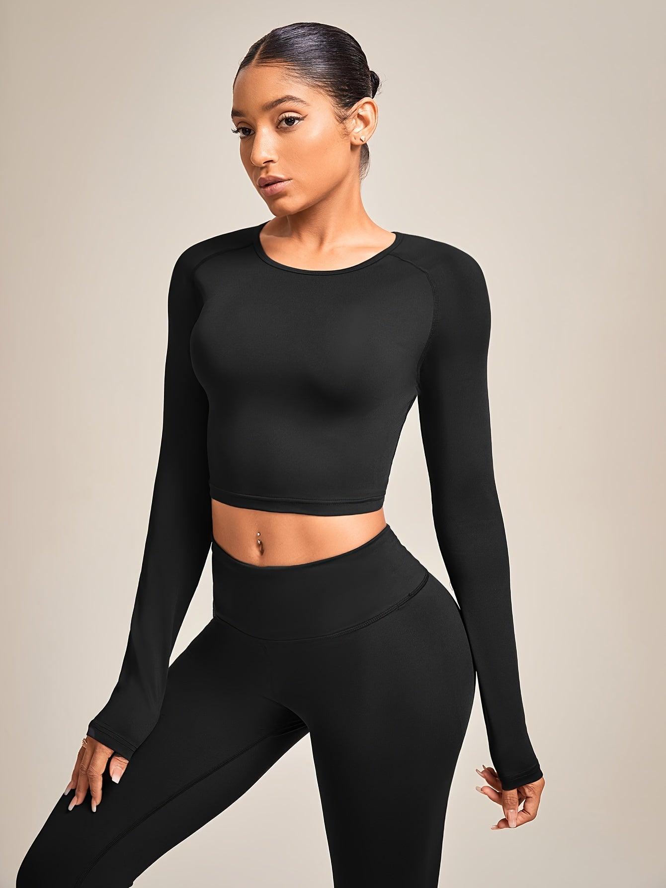 Solid Color Breathable T-Shirt, Long Sleeves Round Neck Slim Fit Yoga Top, Women's Comfy Tee