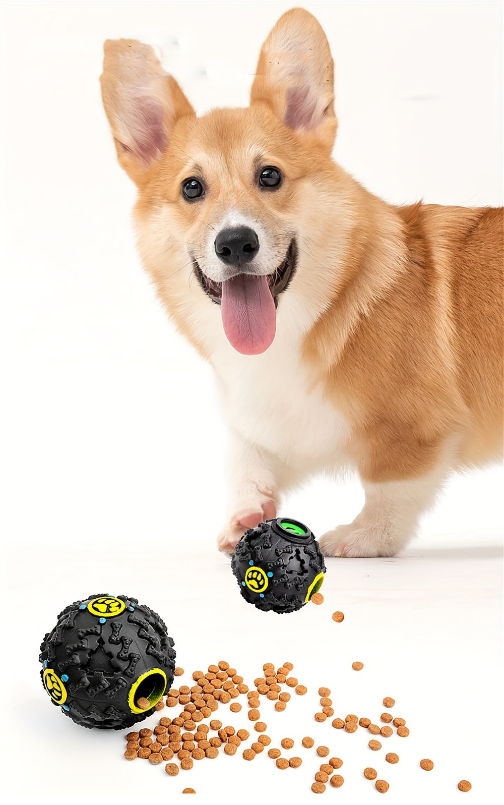 Interactive Dog Chew Toy Ball with Treat Dispenser - Durable Food-Dispensing Squeaky Toy for Teething Puppies & Dental Health, All Breeds, Black with Green & Yellow Patterns, Plastic Material