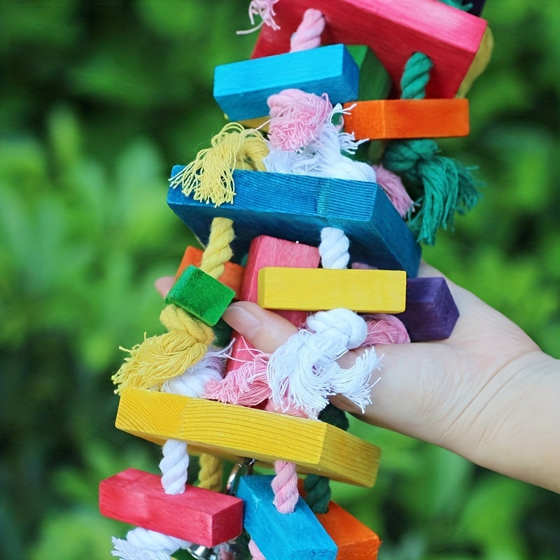 Large Durable Wooden Bird Chew Toy - Colorful Rope for Foraging and Beak Health - Parrot Bite and Play Accessory