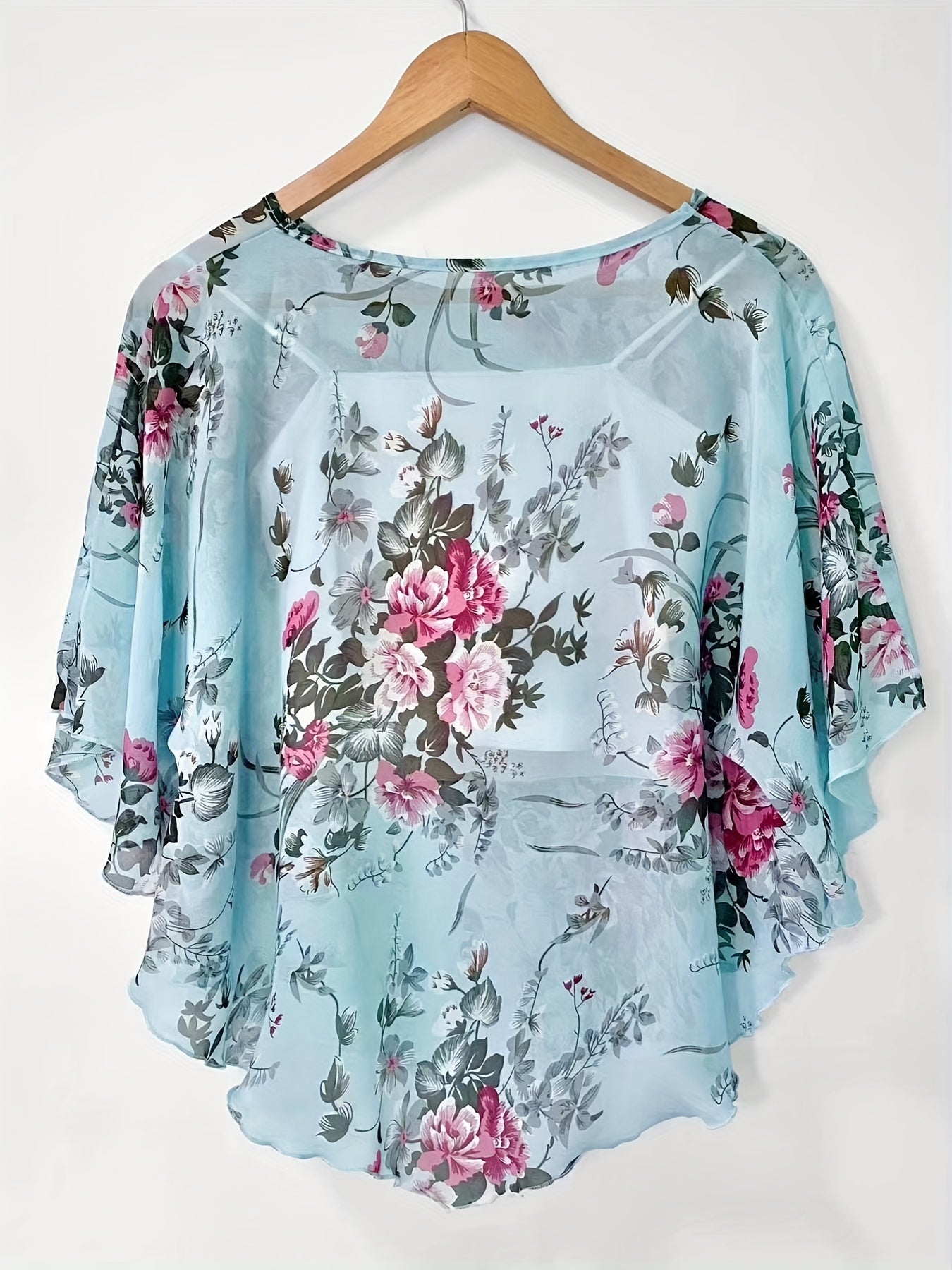 Floral Print Semi-sheer Blouse, Elegant Batwing Sleeve Irregular Hem Top For Spring & Summer, Women's Clothing