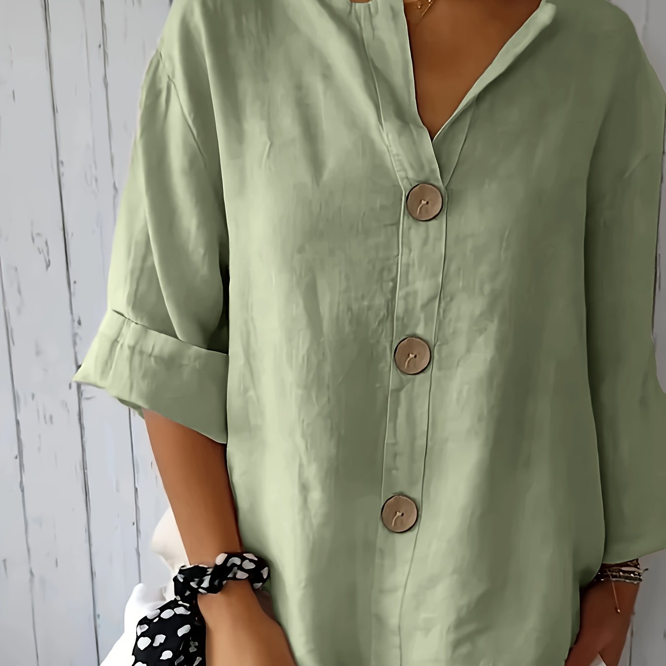 Women's Mint Green Button-Up Blouse - Loose Fit Non-Stretch Shirt, Elegant Casual Button Front for Everyday, Office, Vacation - Breathable All-Season Top, Versatile Shirt, Round Neckline, Durable Construction, Stylish Shirt,