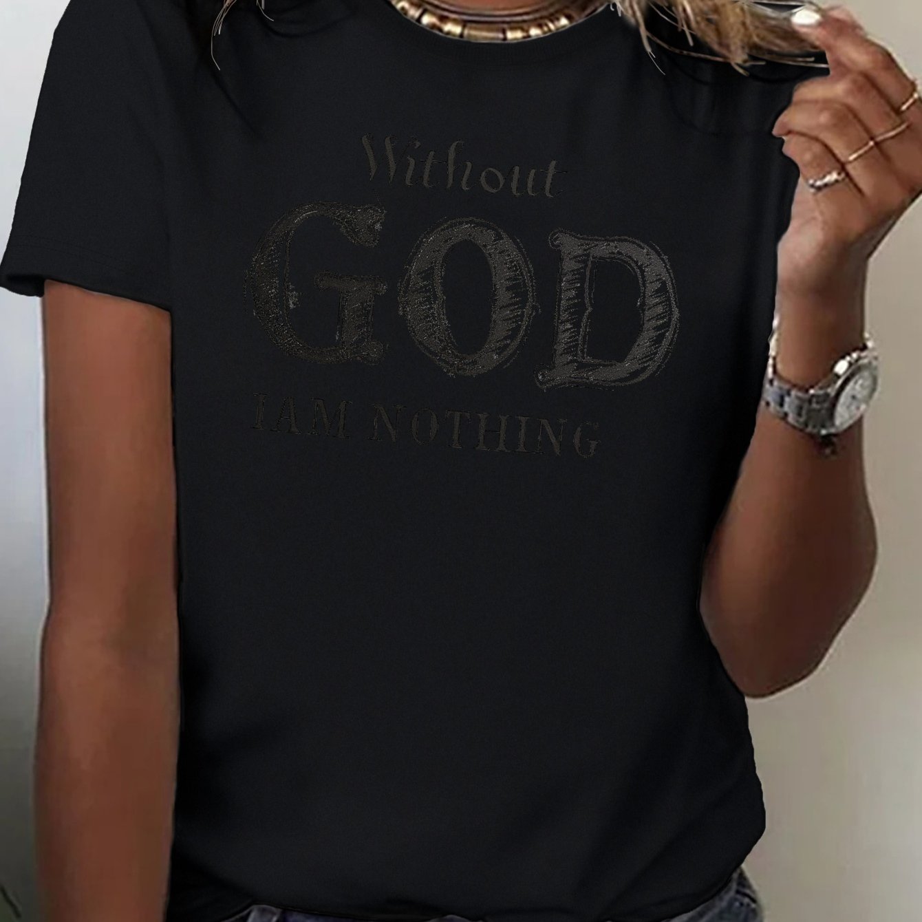 Chic Typographic Womens Tee - Comfy Cotton Crew Neck, Versatile Casual Spring & Summer Top