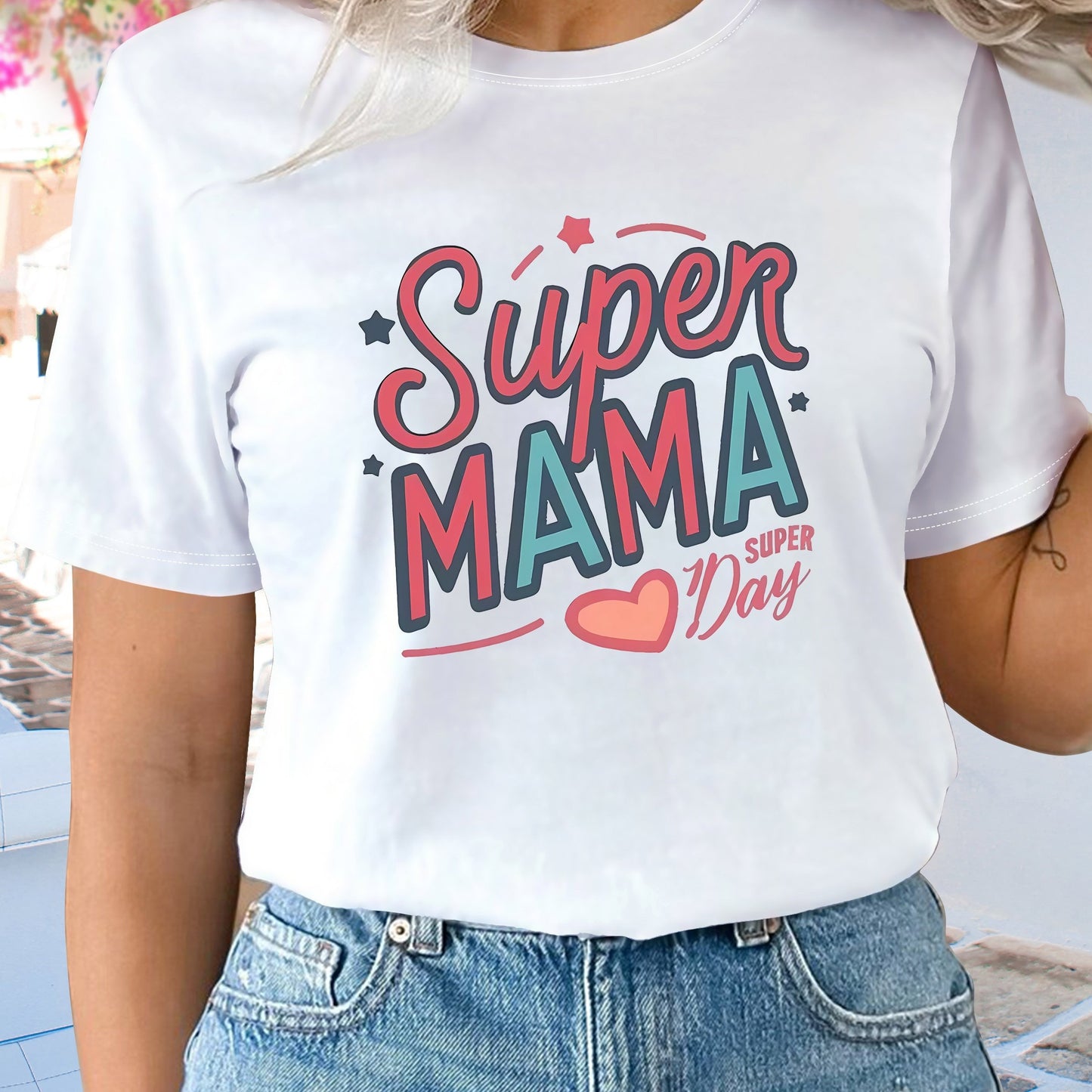 Super Mama Vintage T-Shirt - Mother's Day Casual Round Neck Short Sleeve Tee