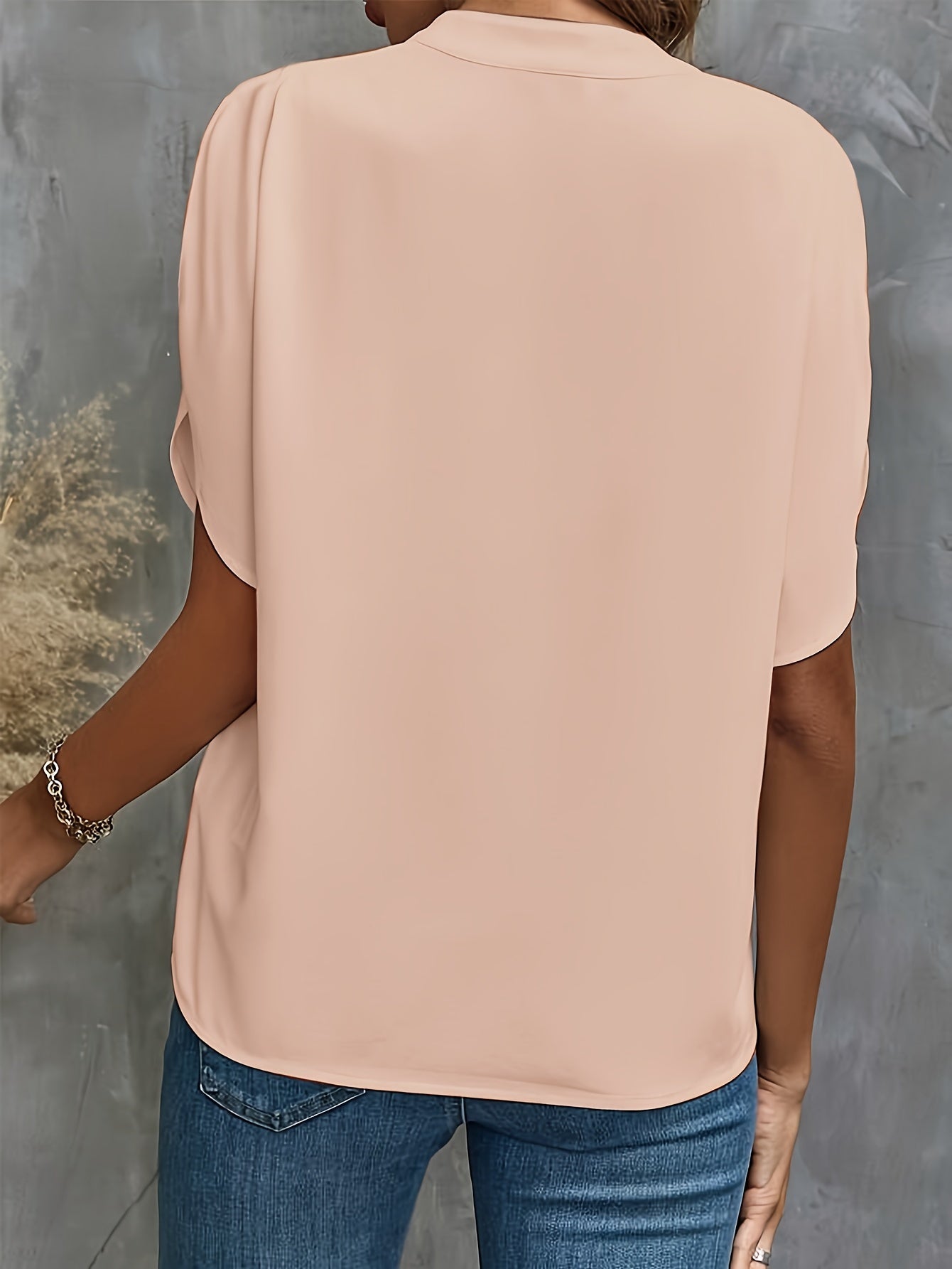 Solid Color Notch Neck Blouse, Casual Short Split Sleeve Blouse For Spring & Summer, Women's Clothing