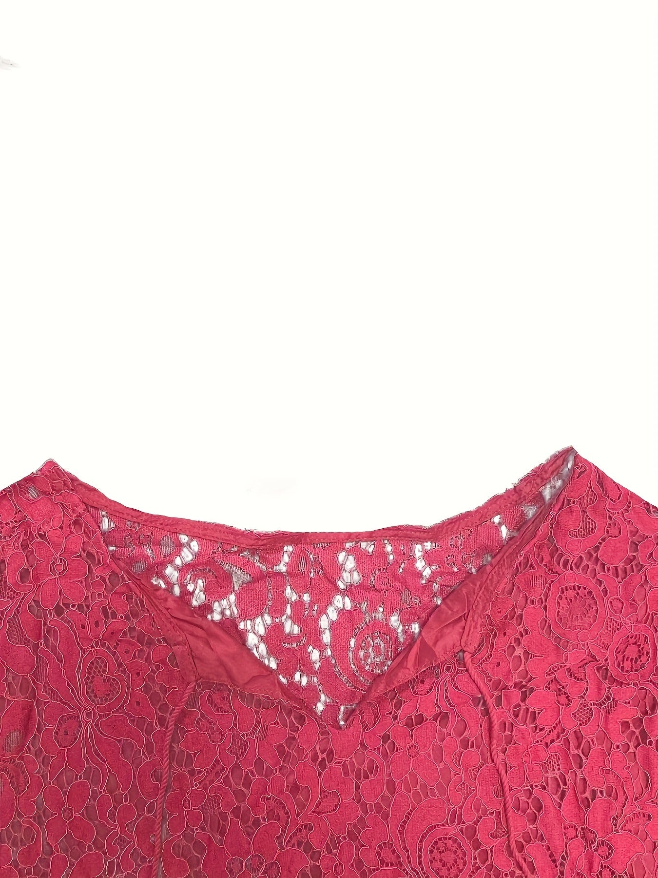 Plus Size Boho Blouse, Women's Plus Solid Lace Lantern Sleeve Tassel Trim V Neck Tunic Shirt Top