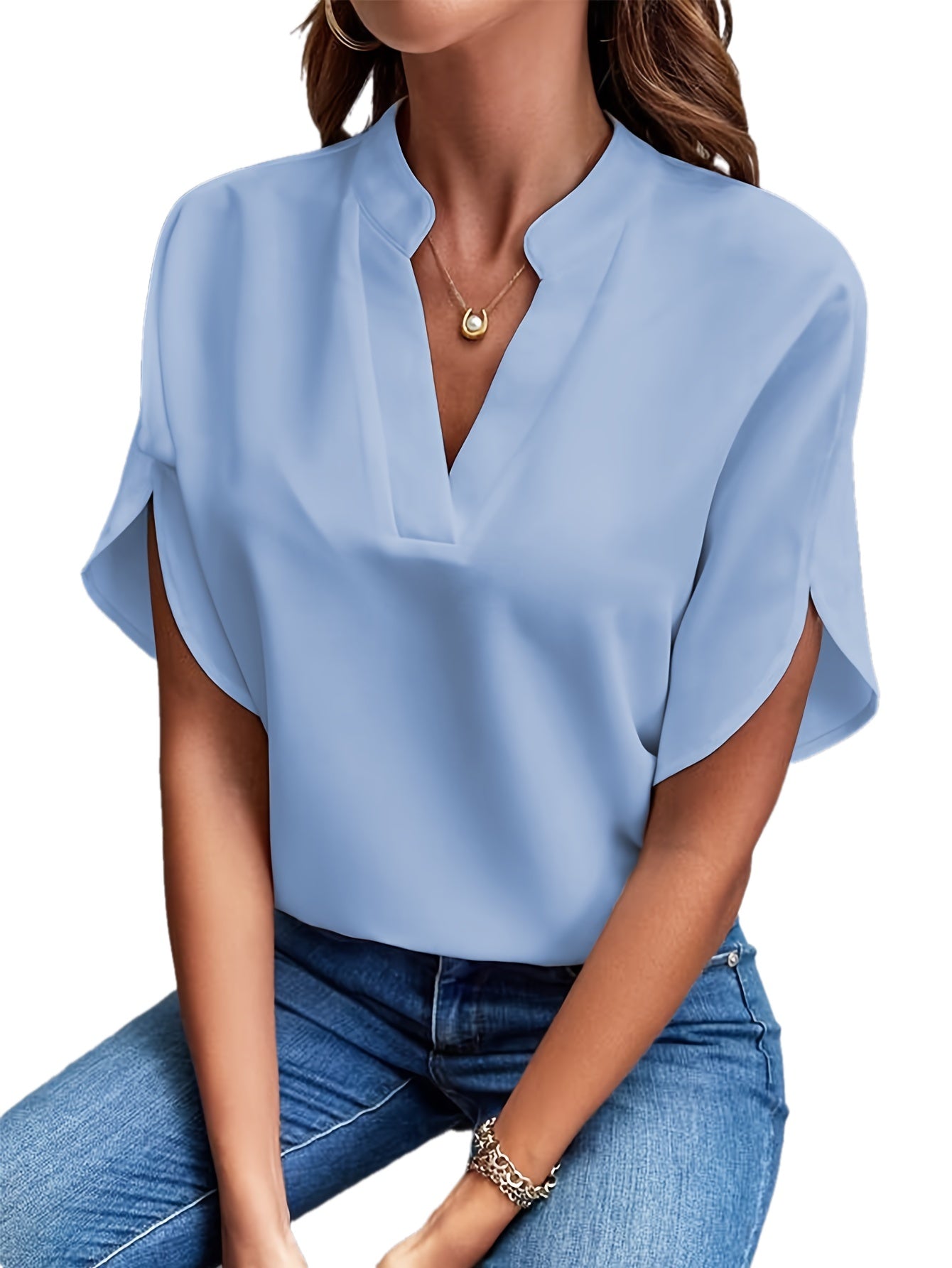 Solid Color Notch Neck Blouse, Casual Short Split Sleeve Blouse For Spring & Summer, Women's Clothing