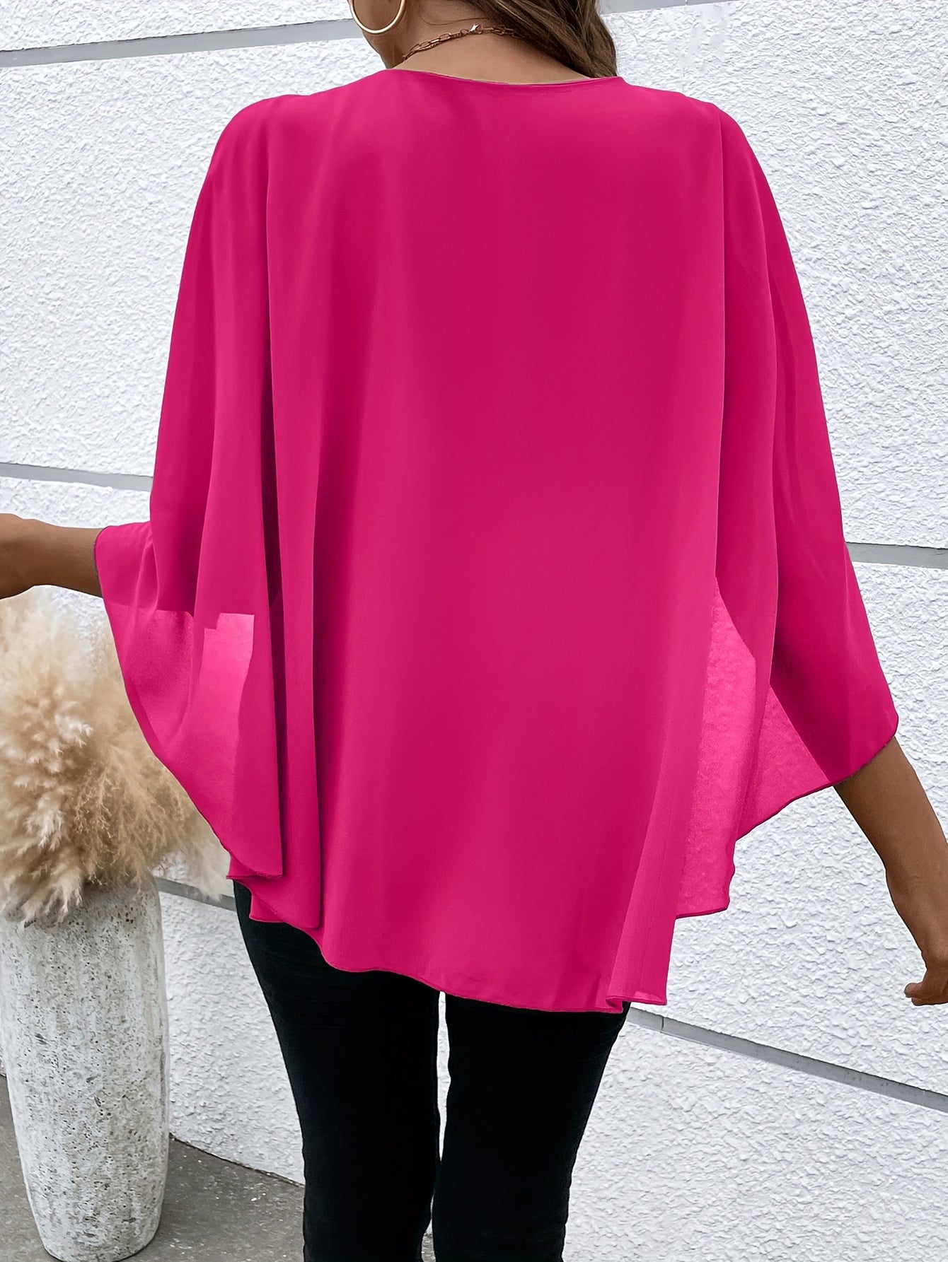 Solid Layered Cloak Sleeve Blouse, Versatile Crew Neck Blouse For Spring & Fall, Women's Clothing