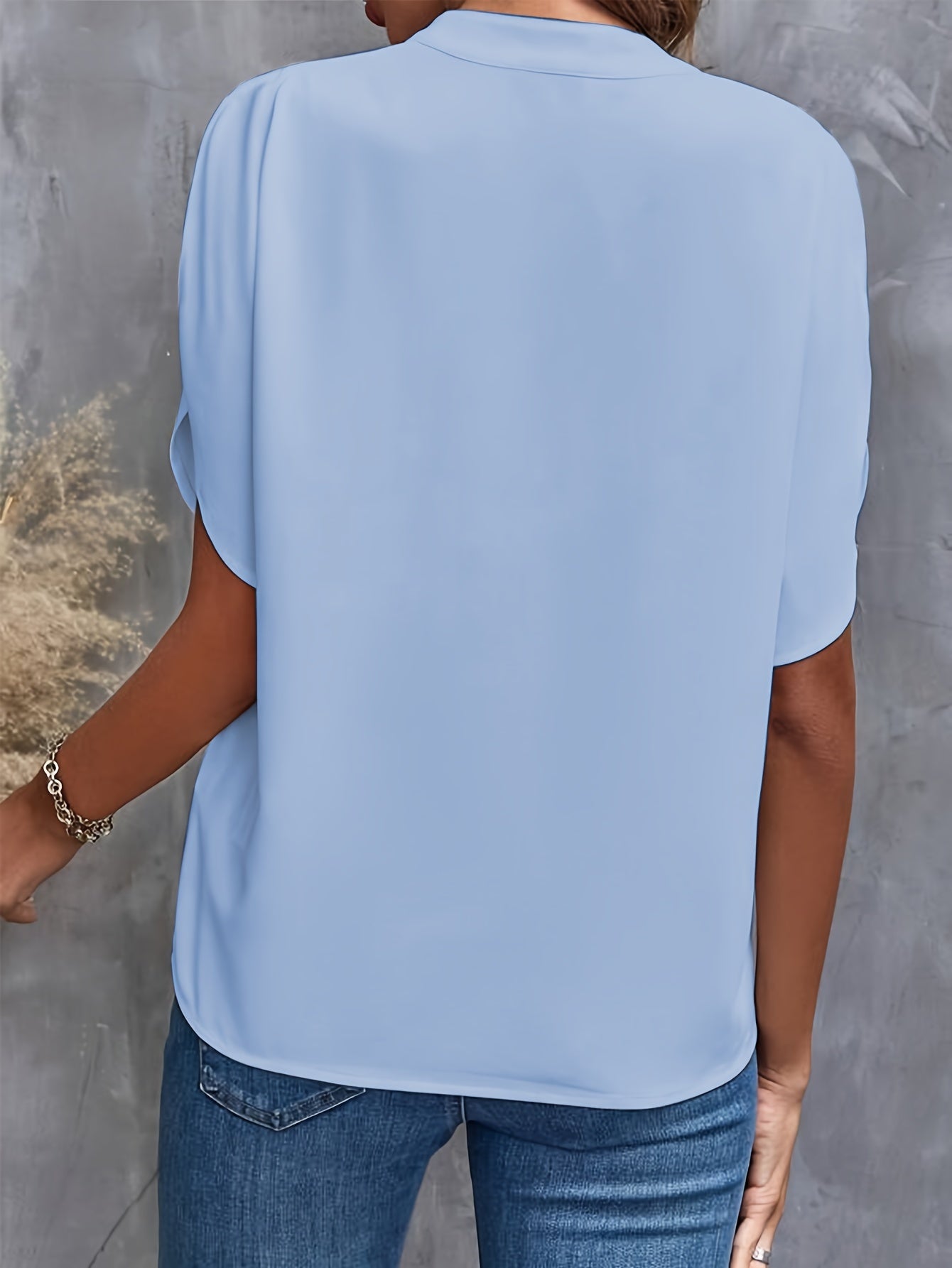 Solid Color Notch Neck Blouse, Casual Short Split Sleeve Blouse For Spring & Summer, Women's Clothing