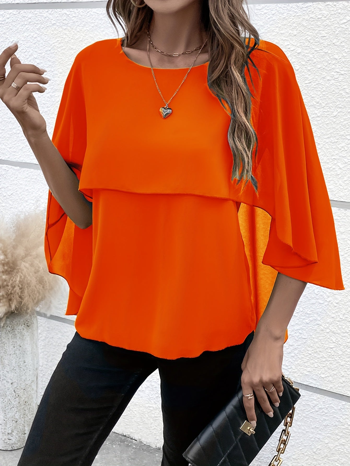 Solid Layered Cloak Sleeve Blouse, Versatile Crew Neck Blouse For Spring & Fall, Women's Clothing