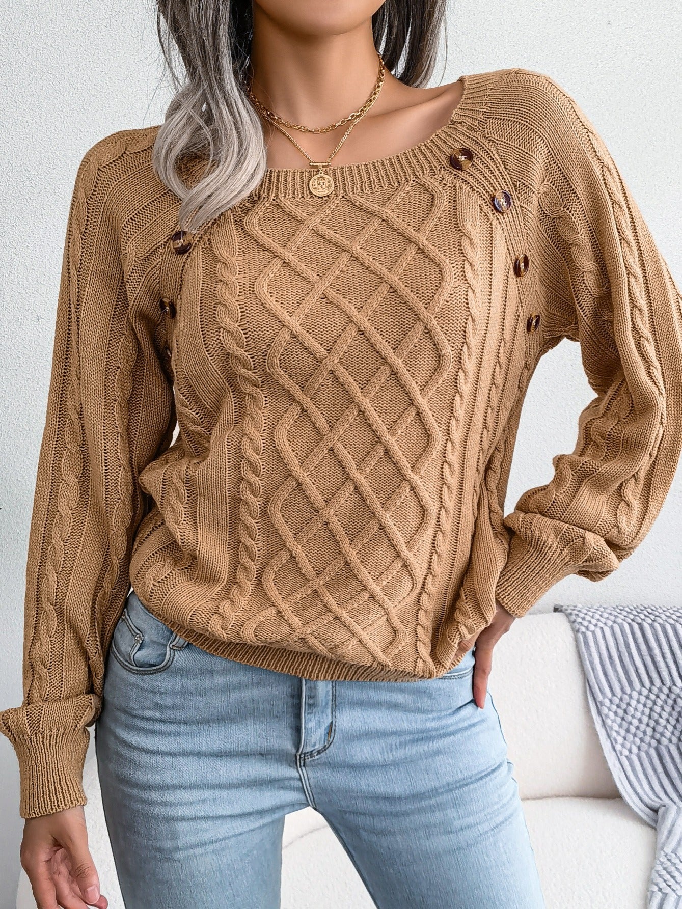 Women's Casual Square Neck Sweater - Smooth Acrylic Knit Fabric, Medium Stretch, Regular Length | Hand Wash or Professional Dry Clean | Button Detail