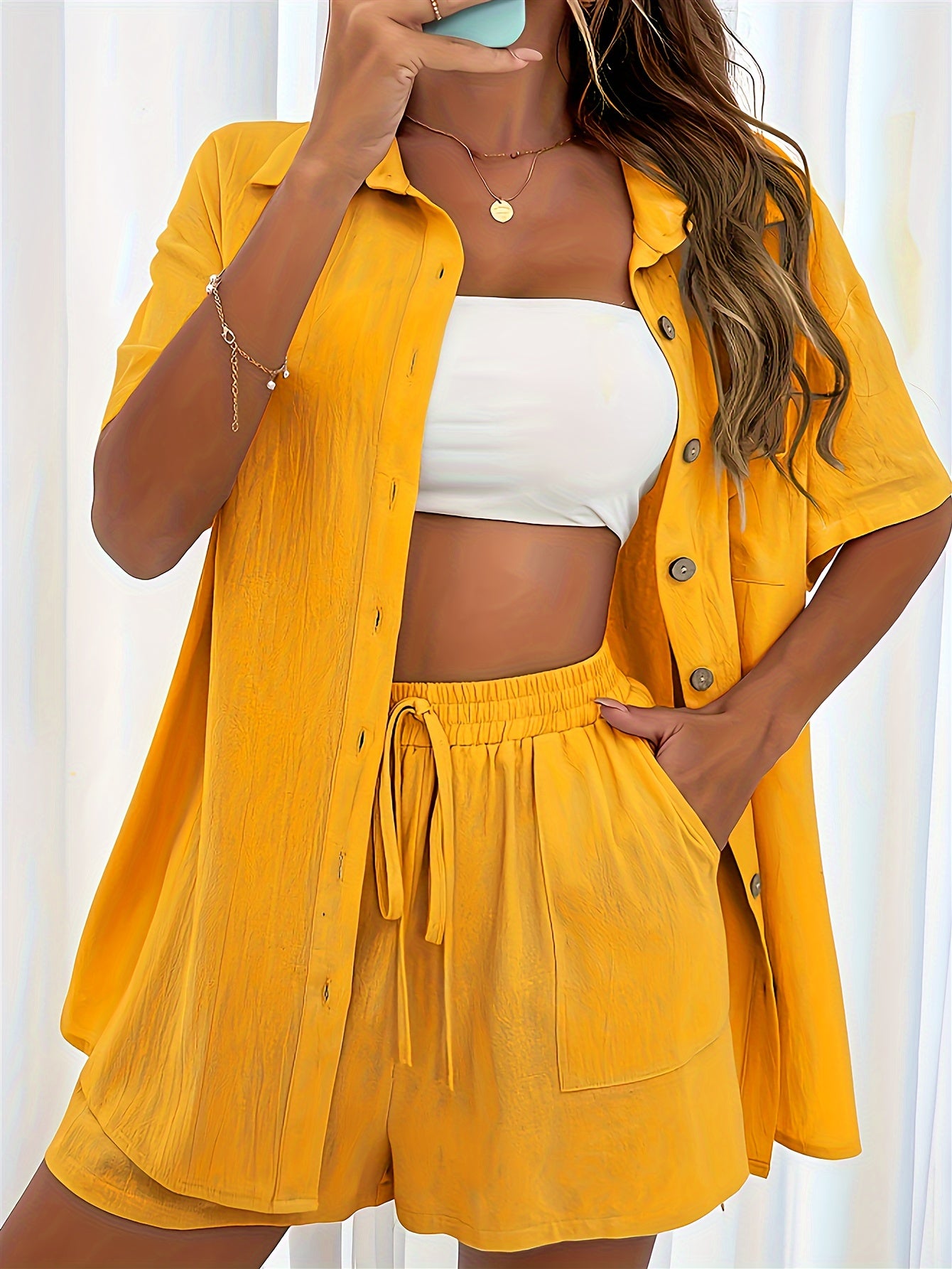 Casual Matching Two-piece Set, Short Sleeve Blouse & Drawstring Shorts Outfits, Women's Clothing