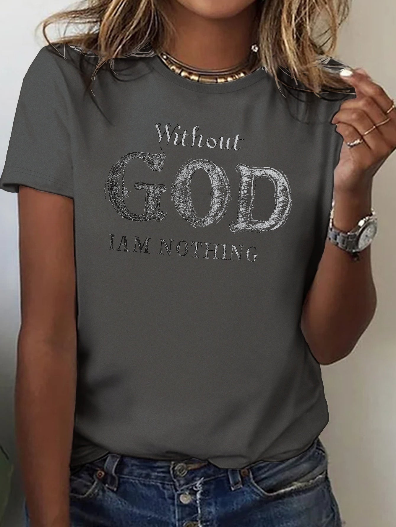 Chic Typographic Womens Tee - Comfy Cotton Crew Neck, Versatile Casual Spring & Summer Top