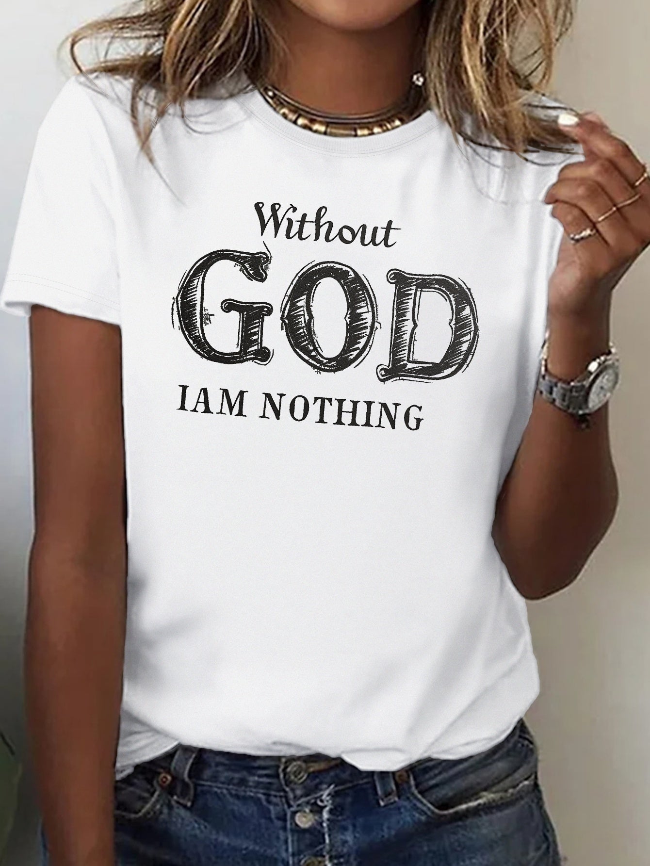 Chic Typographic Womens Tee - Comfy Cotton Crew Neck, Versatile Casual Spring & Summer Top