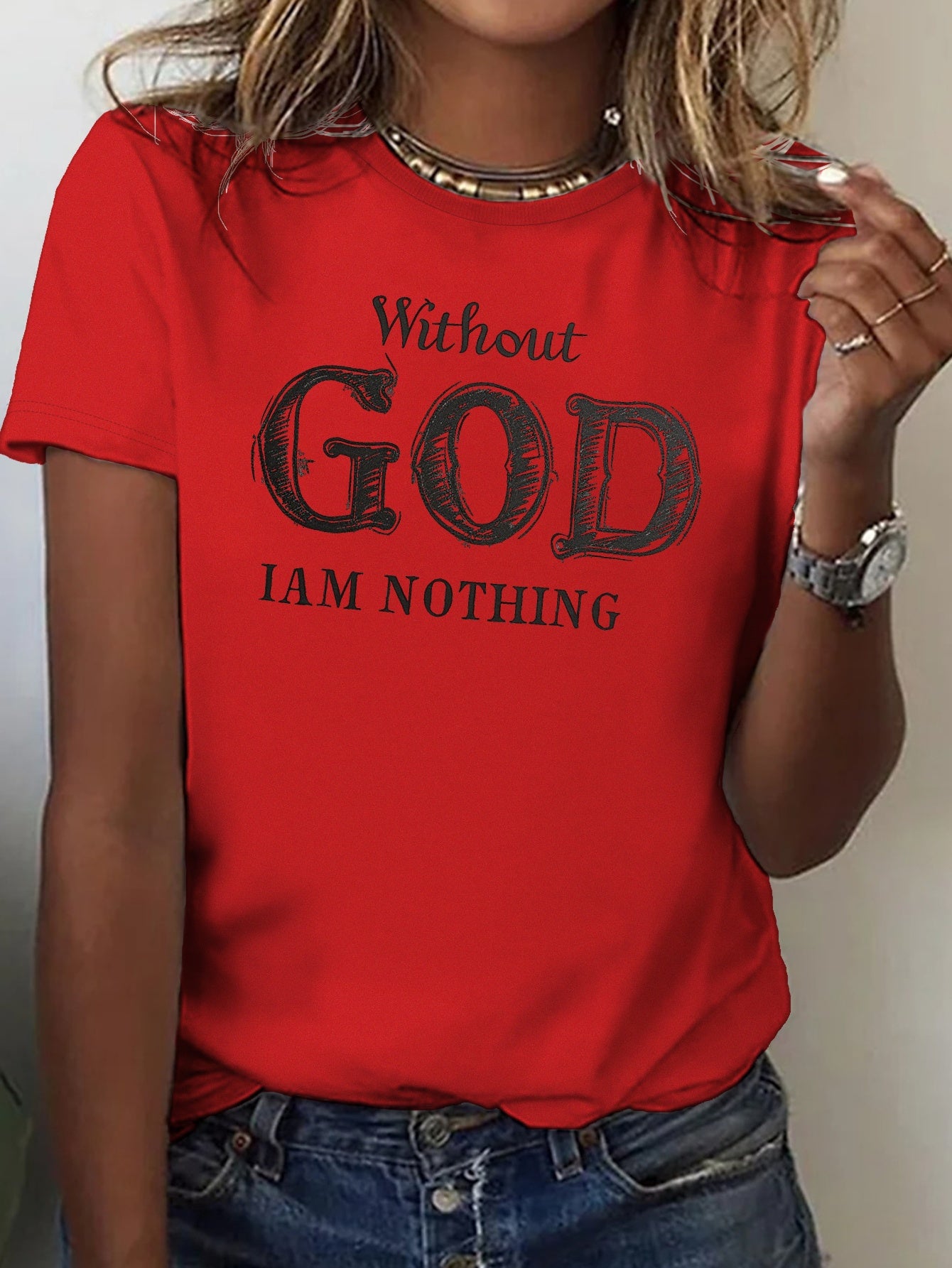 Chic Typographic Womens Tee - Comfy Cotton Crew Neck, Versatile Casual Spring & Summer Top