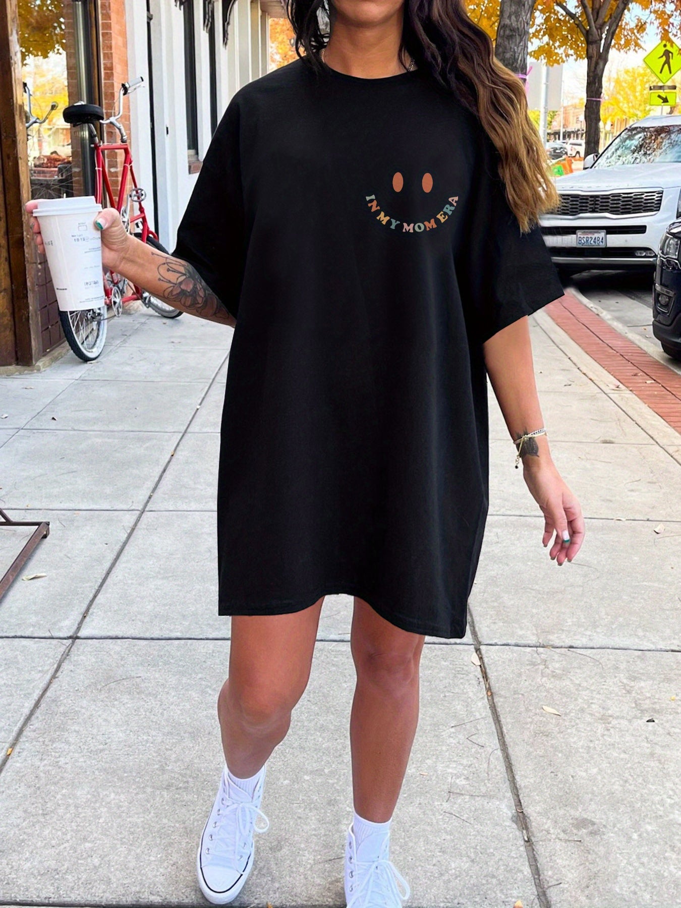Women's "IN MY MOM ERA" Graphic Print Crew Neck Tee Dress - 100% Cotton Casual Short Sleeve Dress with Bold Letter Design, Machine Washable All-Season Comfort for Spring & Summer Outfits, Relaxed Style, Trendy Design, Durable