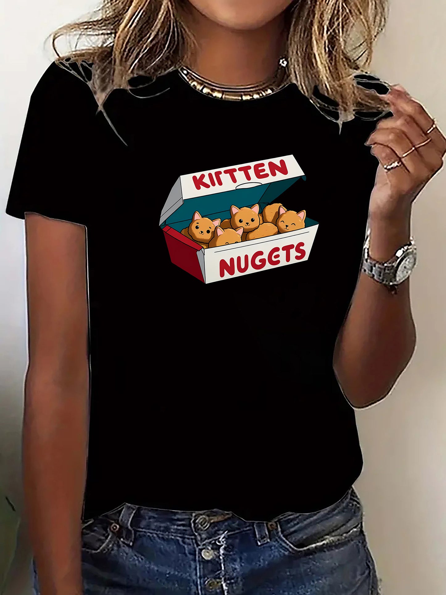 Women's Cute Cartoon Kitten Nuggets Print T-Shirt, Casual Round Neck Short Sleeve Tee, Fashion Sports Activewear Top