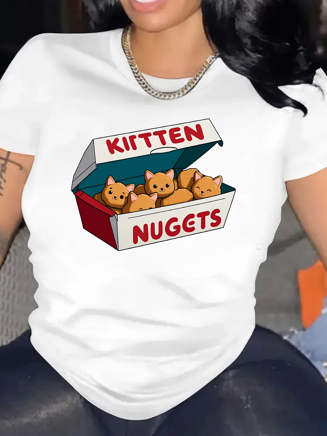 Women's Cute Cartoon Kitten Nuggets Print T-Shirt, Casual Round Neck Short Sleeve Tee, Fashion Sports Activewear Top