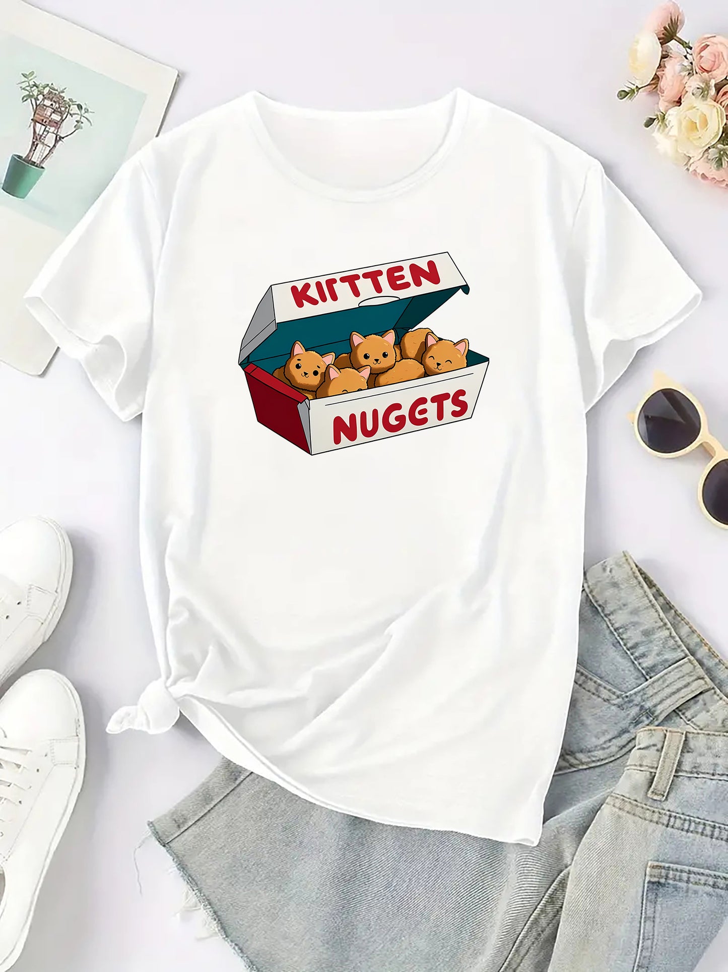 Women's Cute Cartoon Kitten Nuggets Print T-Shirt, Casual Round Neck Short Sleeve Tee, Fashion Sports Activewear Top