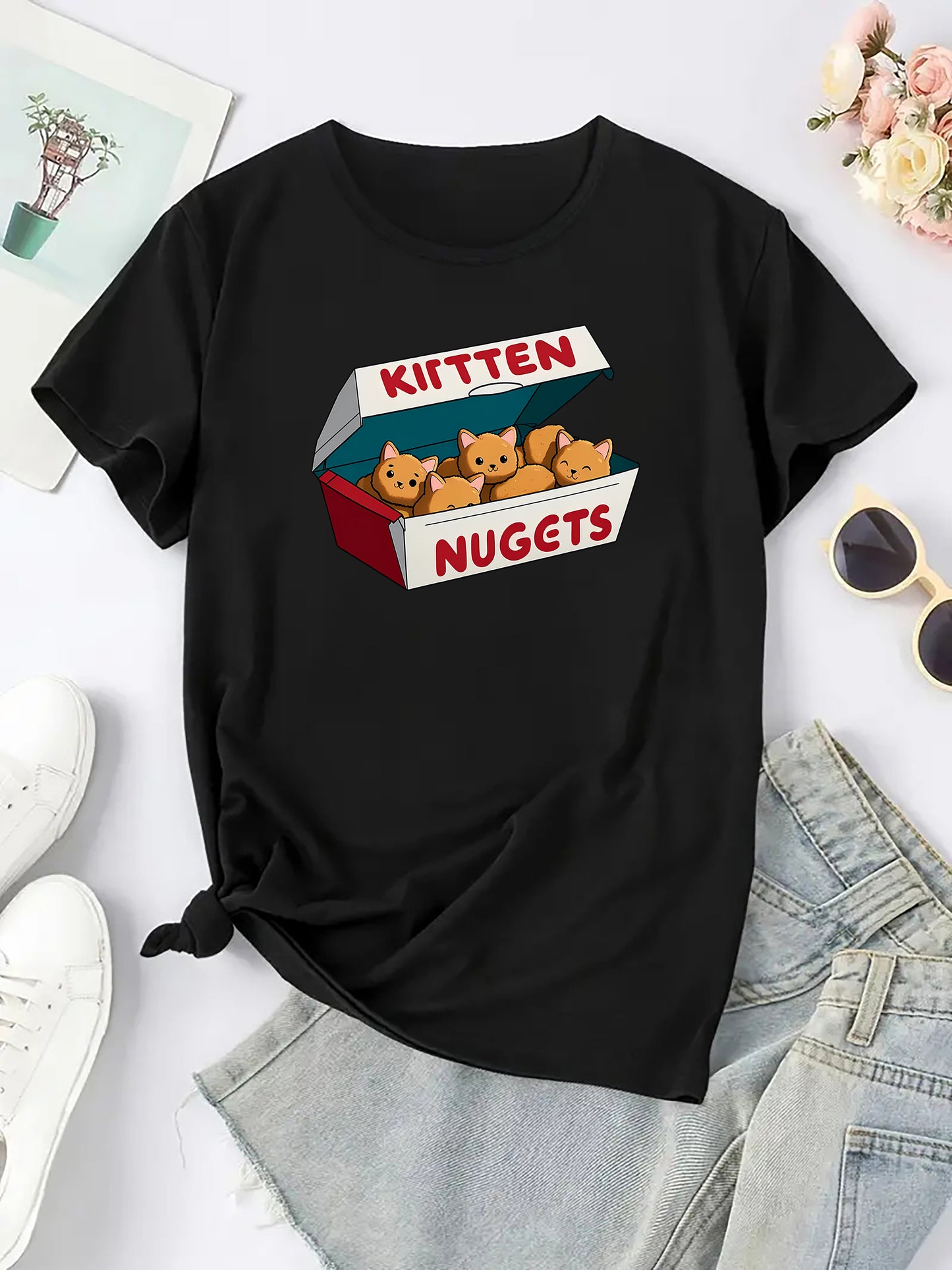 Women's Cute Cartoon Kitten Nuggets Print T-Shirt, Casual Round Neck Short Sleeve Tee, Fashion Sports Activewear Top