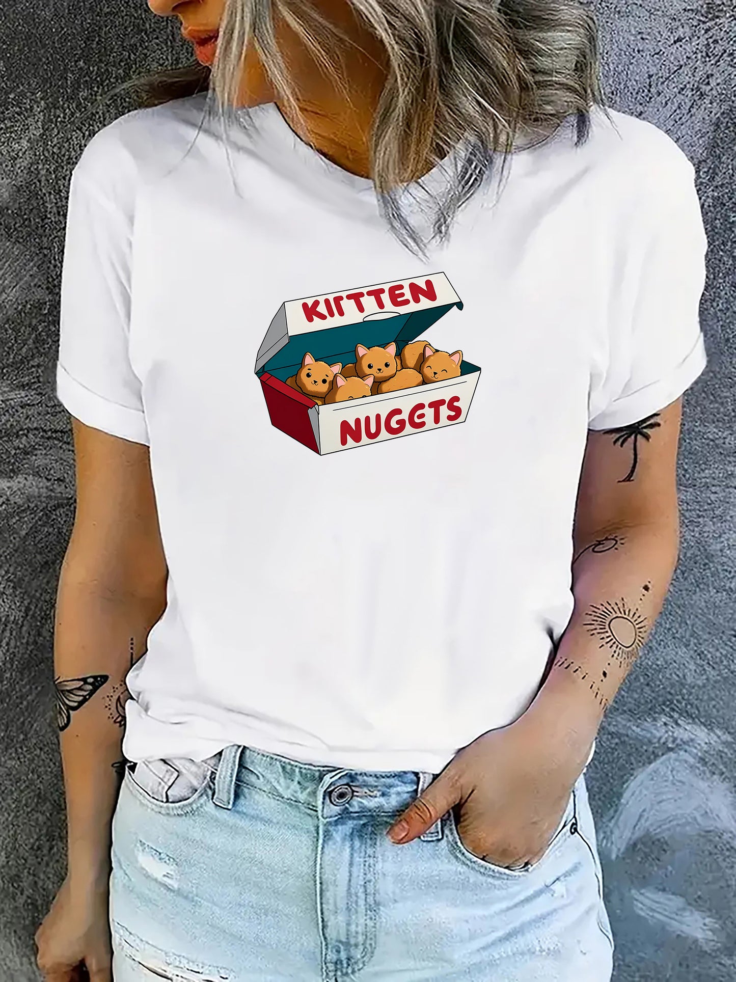 Women's Cute Cartoon Kitten Nuggets Print T-Shirt, Casual Round Neck Short Sleeve Tee, Fashion Sports Activewear Top