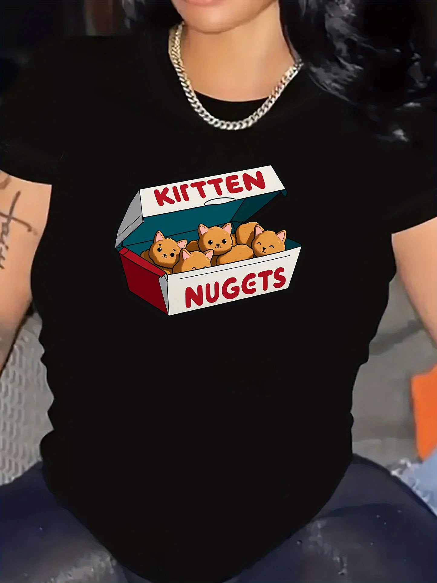 Women's Cute Cartoon Kitten Nuggets Print T-Shirt, Casual Round Neck Short Sleeve Tee, Fashion Sports Activewear Top