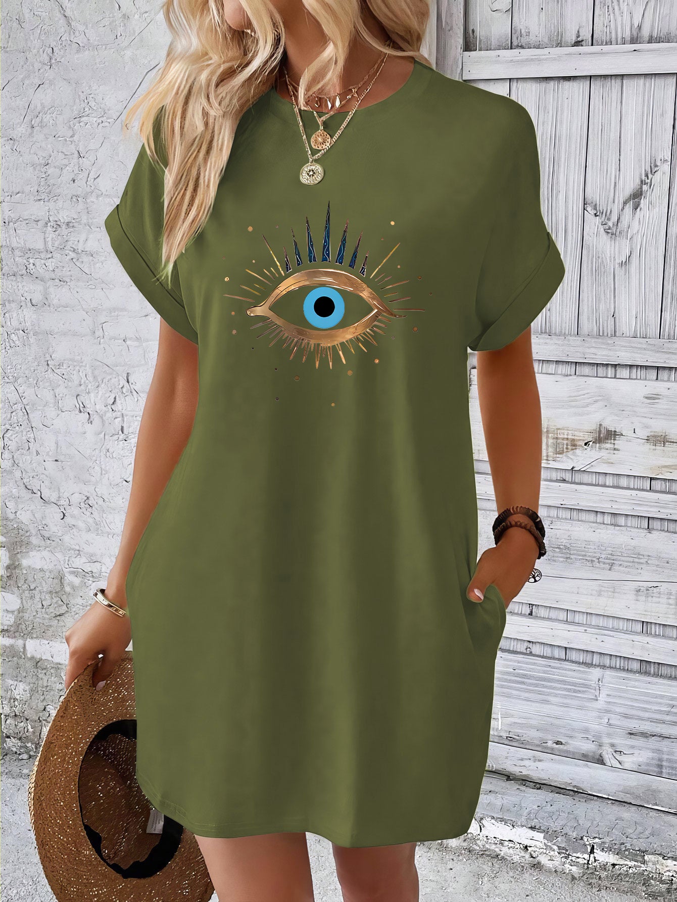 Eye Print Tee Dress, Batwing Sleeve Crew Neck Casual Dress For Summer & Spring, Women's Clothing