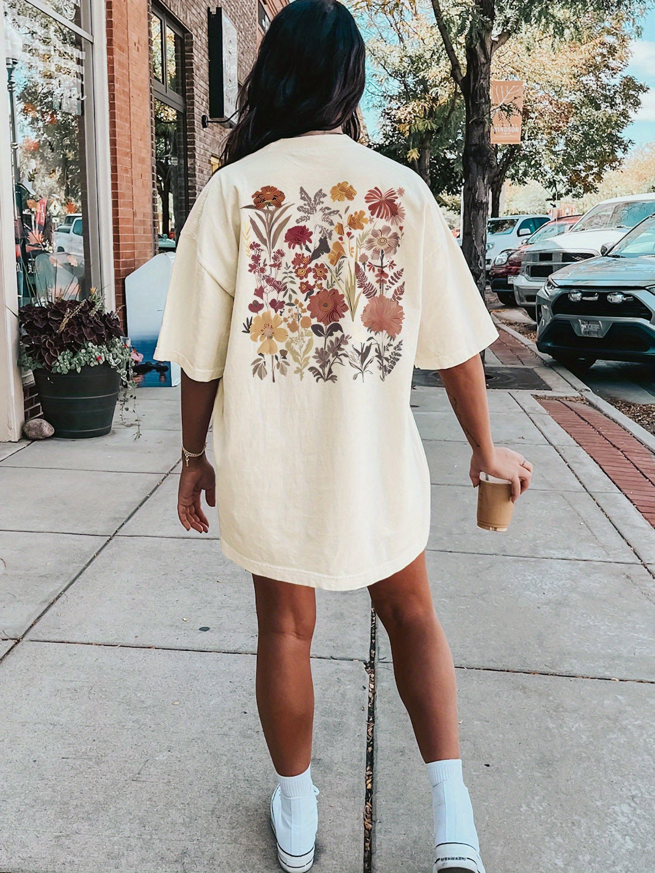 Floral Print Crew Neck Tee Dress, Casual Short Sleeve Dress For Spring & Summer, Women's Clothing