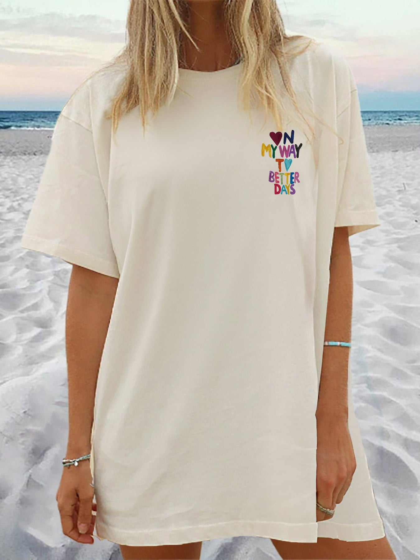 Heart Print Crew Neck Tee Dress, Casual Short Sleeve Dress For Spring & Summer, Women's Clothing