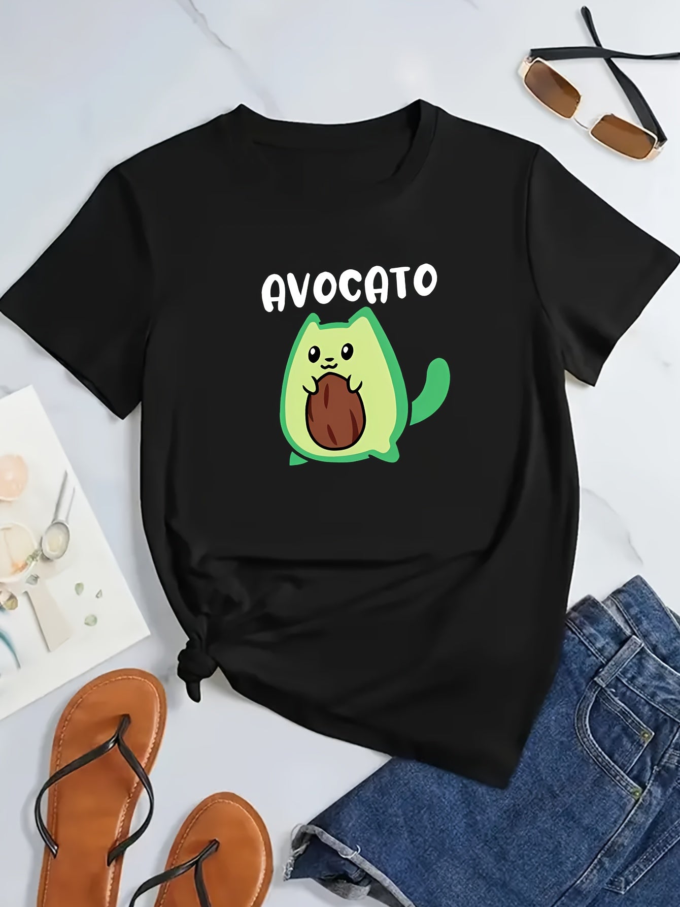 Avocado Cartoon Graphic Sports Tee, Casual Crew Neck Workout Fitness Short Sleeves Tops, Women's Activewear