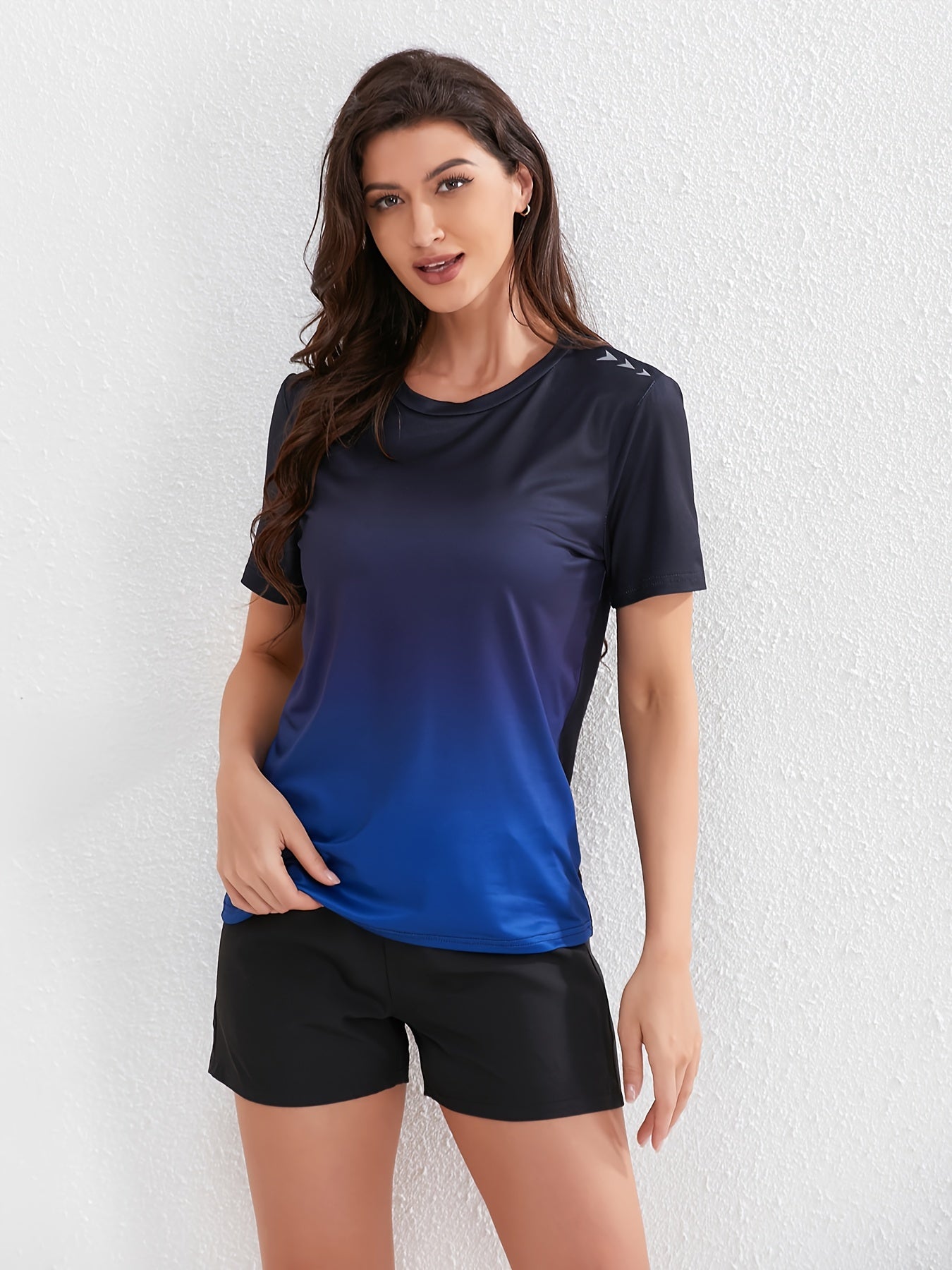 Women's Ombre Sports Tee, Gradient Shades, Casual Athletic T-Shirt, Short-Sleeve, Quick Dry, Breathable Fabric, Gym Wear, Running Top