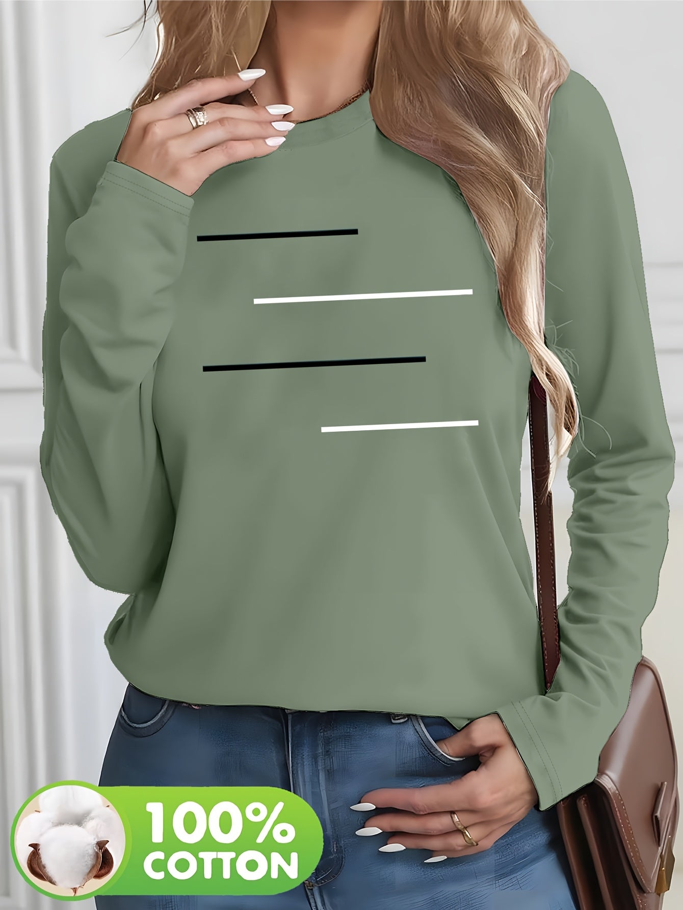 Women's Olive Green Long Sleeve T-Shirt - Minimalist Elegant Top, Soft Everyday Shirt for Casual & Formal Outfits - NC-13210, Allseason Top, Modern Fashion, Durable Clothing, Basic Blouse, Office Wear