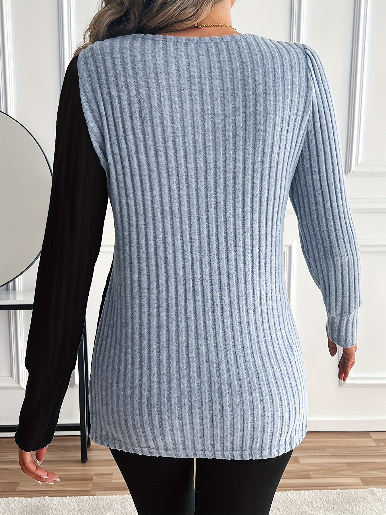 Women'S Casual Square Neck Long Sleeve Top, Asymmetrical Solid Color Knit Polyester Blouse with Spandex, Fashionable Spring/Fall Outerwear, 230gsm Fabric Weight