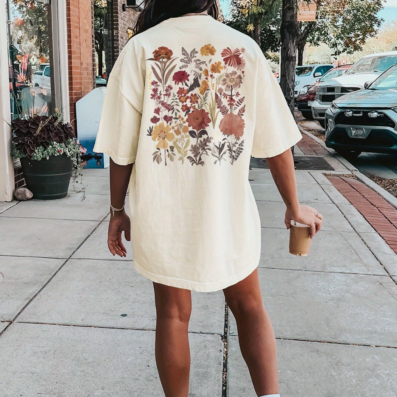 Floral Print Crew Neck Tee Dress, Casual Short Sleeve Dress For Spring & Summer, Women's Clothing