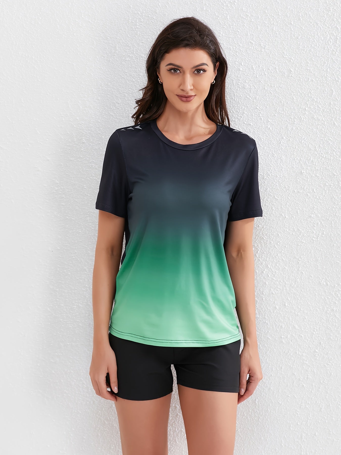Women's Ombre Sports Tee, Gradient Shades, Casual Athletic T-Shirt, Short-Sleeve, Quick Dry, Breathable Fabric, Gym Wear, Running Top