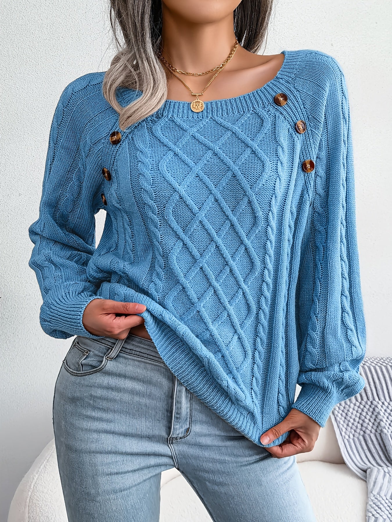 Women's Casual Square Neck Sweater - Smooth Acrylic Knit Fabric, Medium Stretch, Regular Length | Hand Wash or Professional Dry Clean | Button Detail