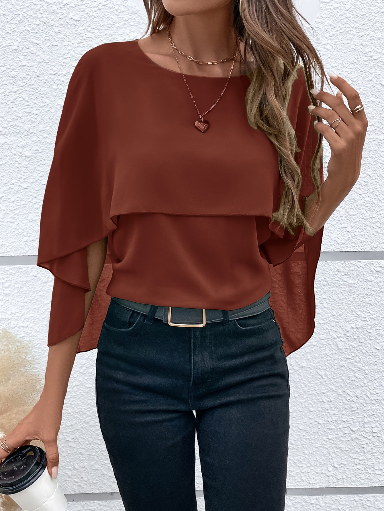 Solid Layered Cloak Sleeve Blouse, Versatile Crew Neck Blouse For Spring & Fall, Women's Clothing