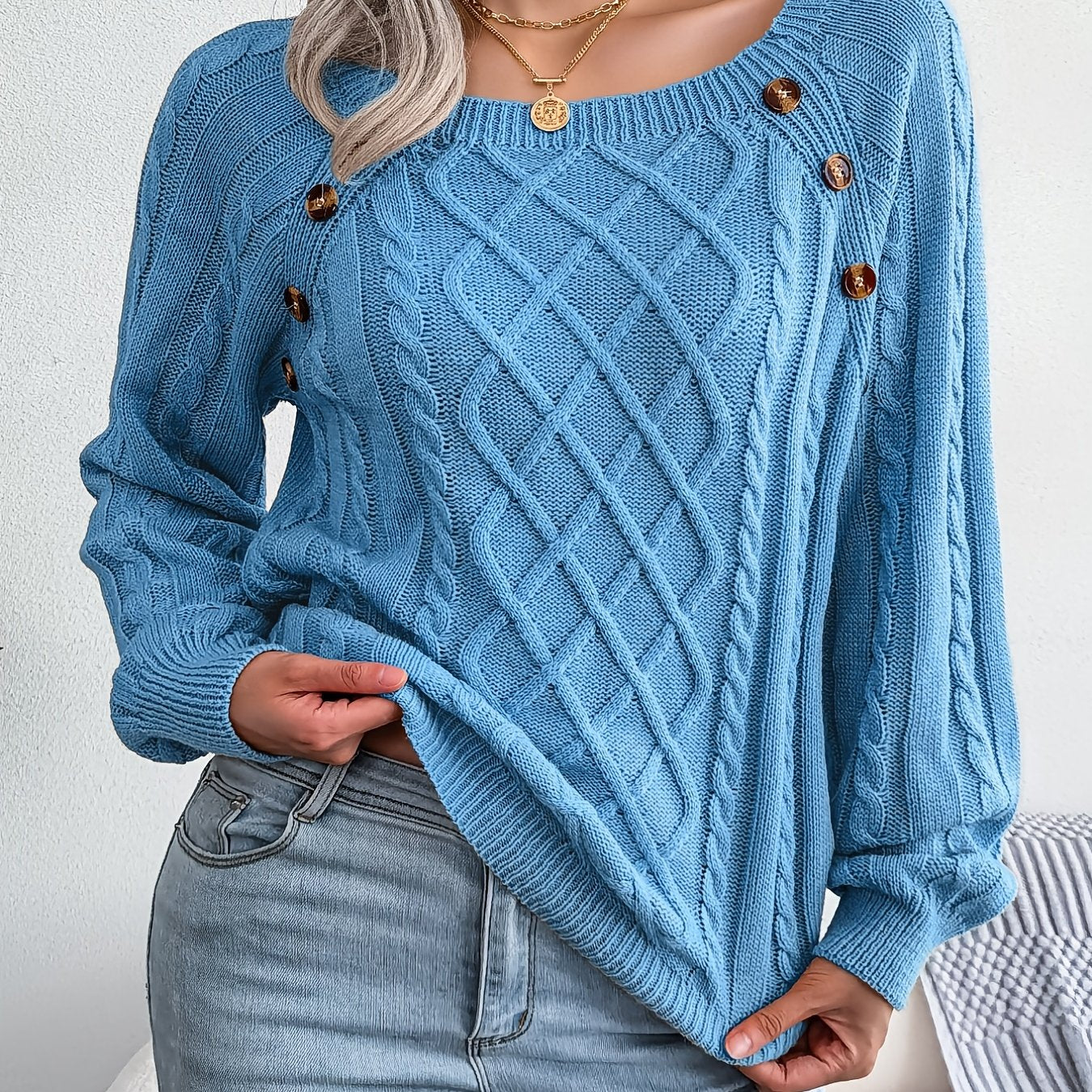 Women's Casual Square Neck Sweater - Smooth Acrylic Knit Fabric, Medium Stretch, Regular Length | Hand Wash or Professional Dry Clean | Button Detail