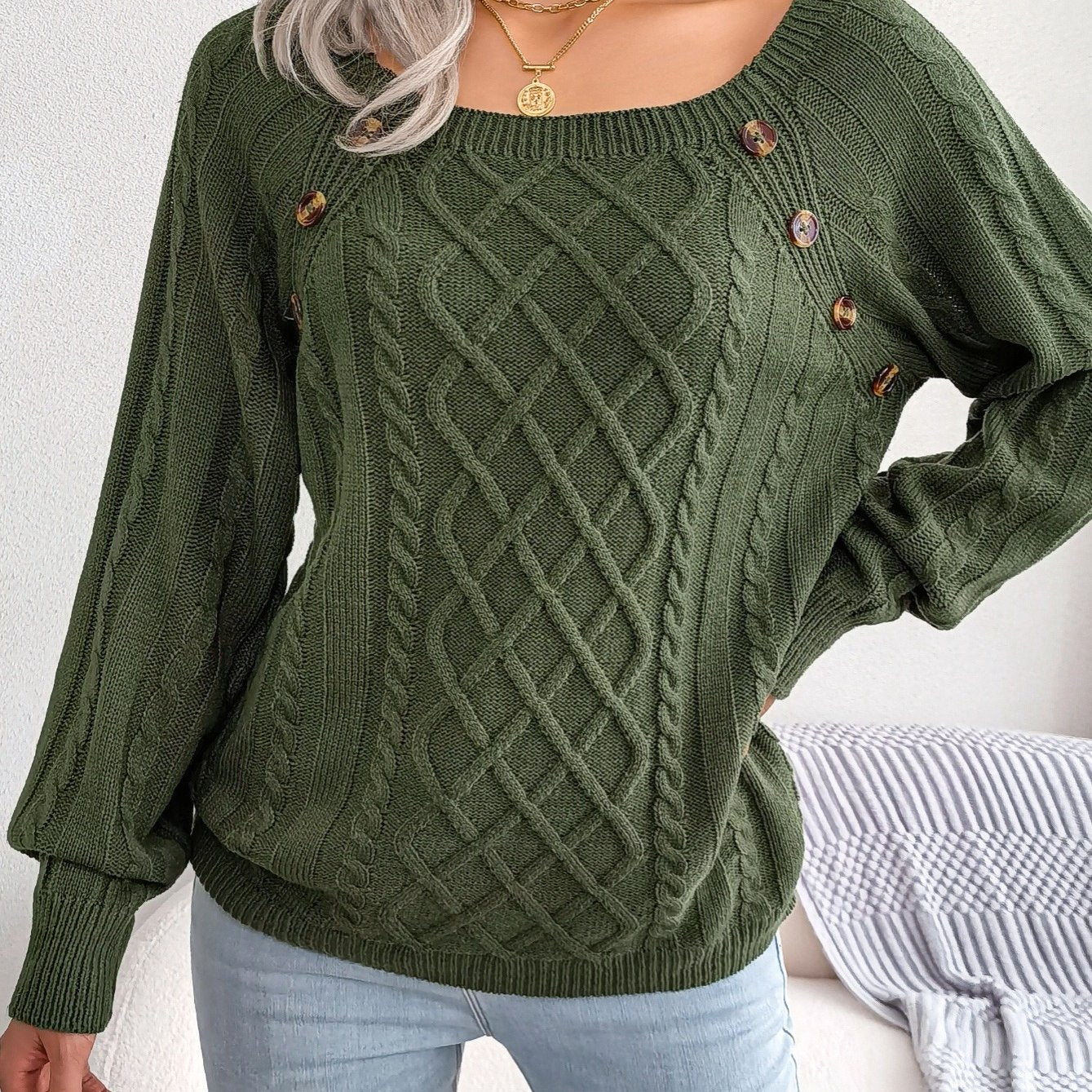 Women's Casual Square Neck Sweater - Smooth Acrylic Knit Fabric, Medium Stretch, Regular Length | Hand Wash or Professional Dry Clean | Button Detail