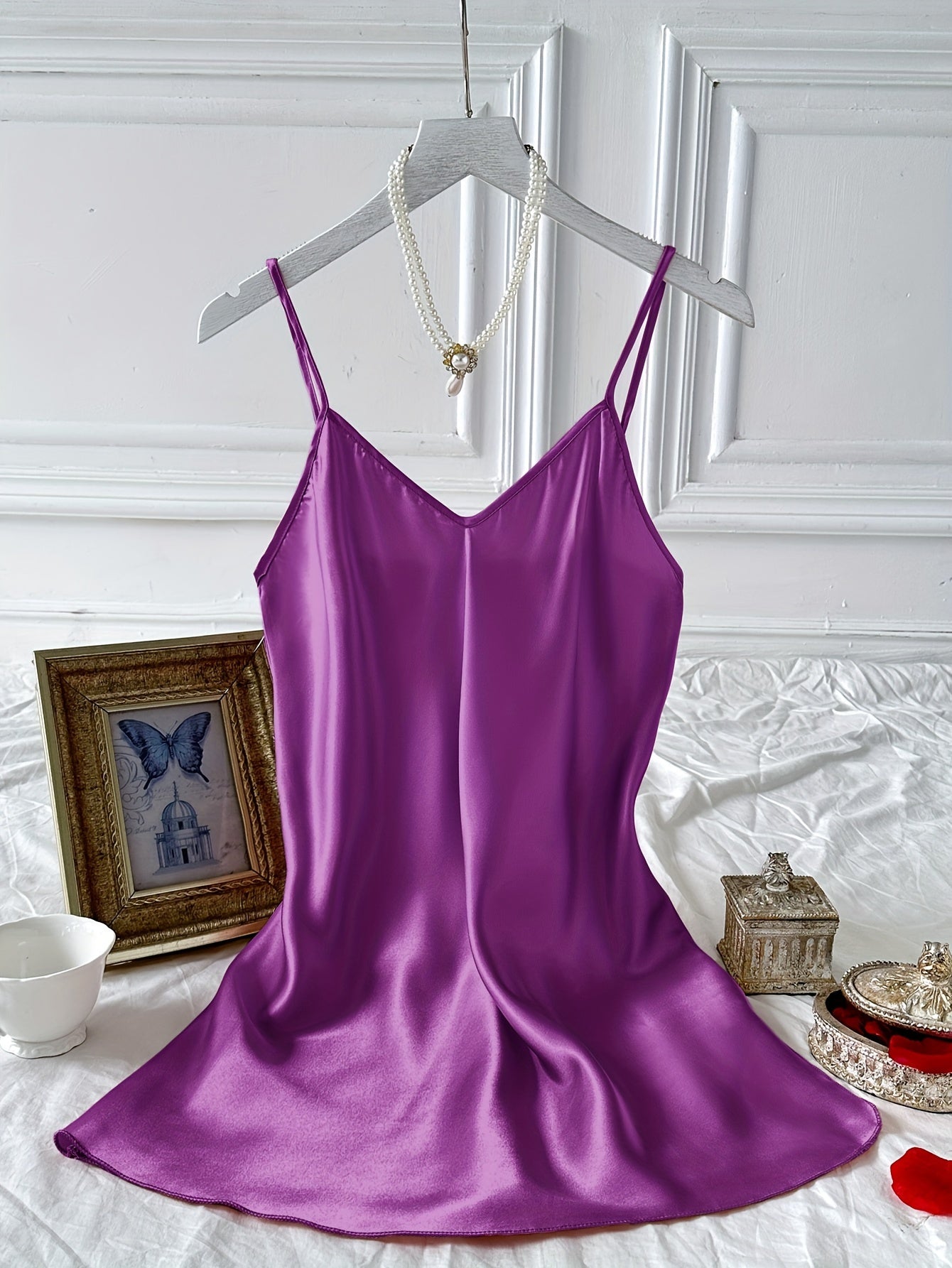 Simple Solid Satin Nightdress, Elegant V-neck Side Split Spaghetti Strap Sleep Dress, Women's Sleepwear & Dresses