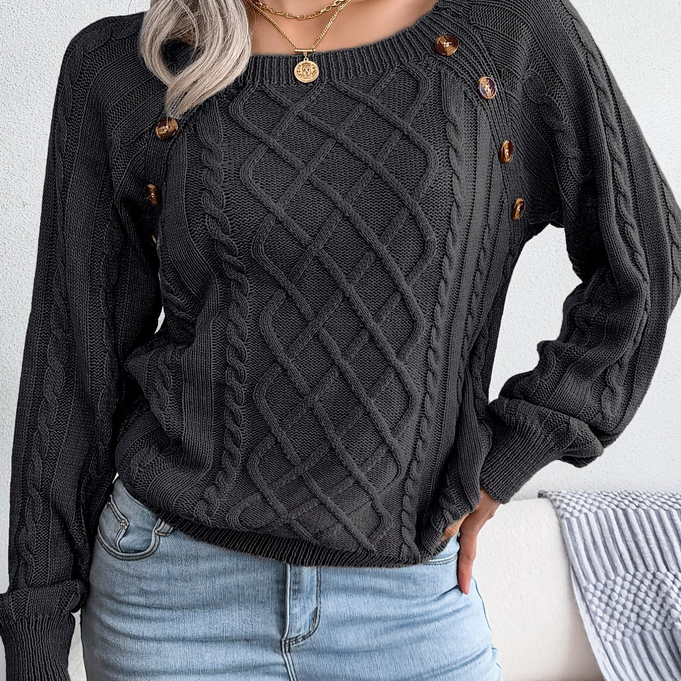 Women's Casual Square Neck Sweater - Smooth Acrylic Knit Fabric, Medium Stretch, Regular Length | Hand Wash or Professional Dry Clean | Button Detail