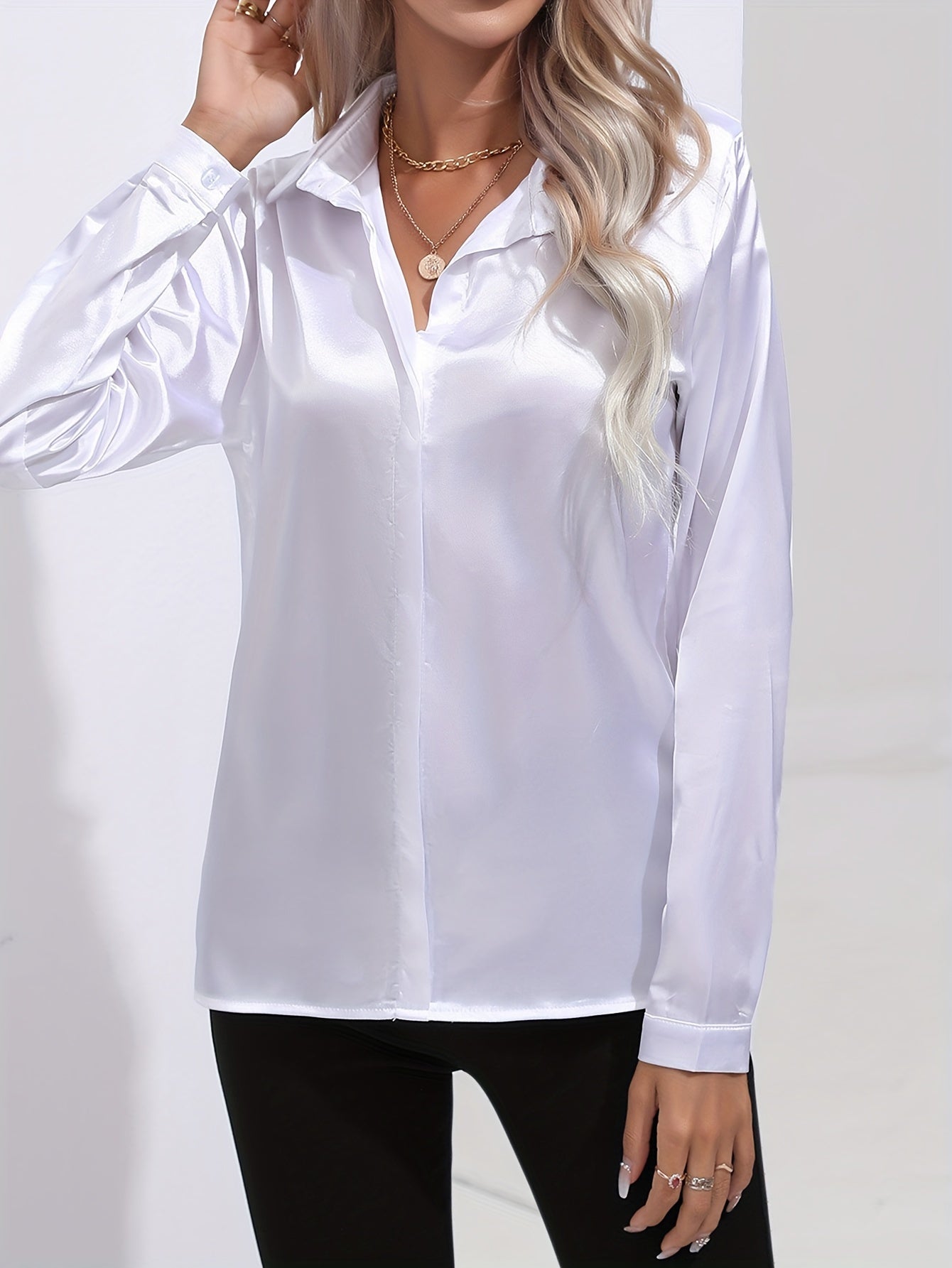Solid Color Button Up Shirt, Elegant Long Sleeve Collared Blouse For Spring & Fall, Women's Clothing
