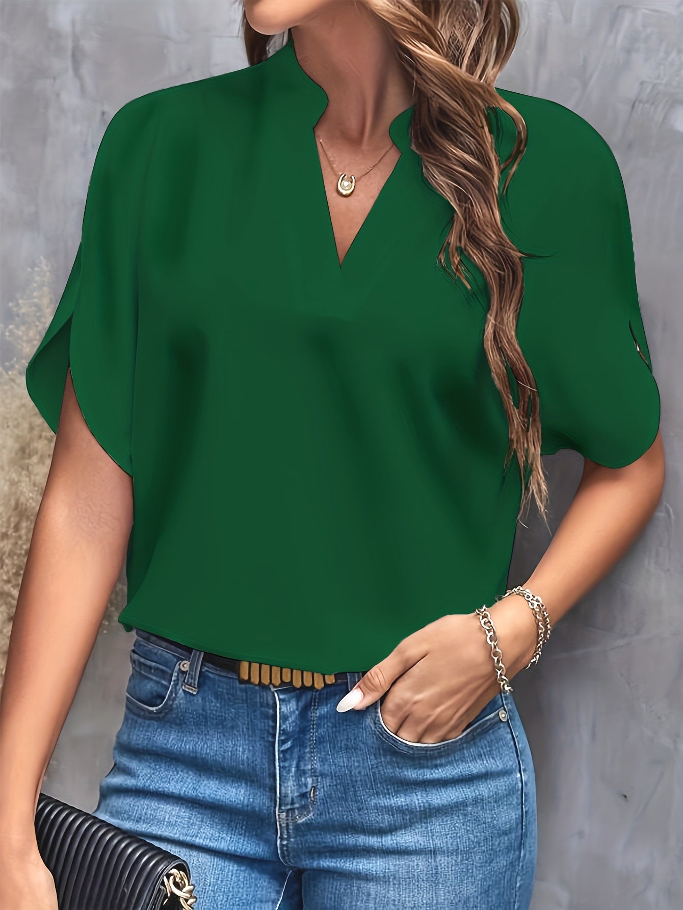 Solid Color Notch Neck Blouse, Casual Short Split Sleeve Blouse For Spring & Summer, Women's Clothing